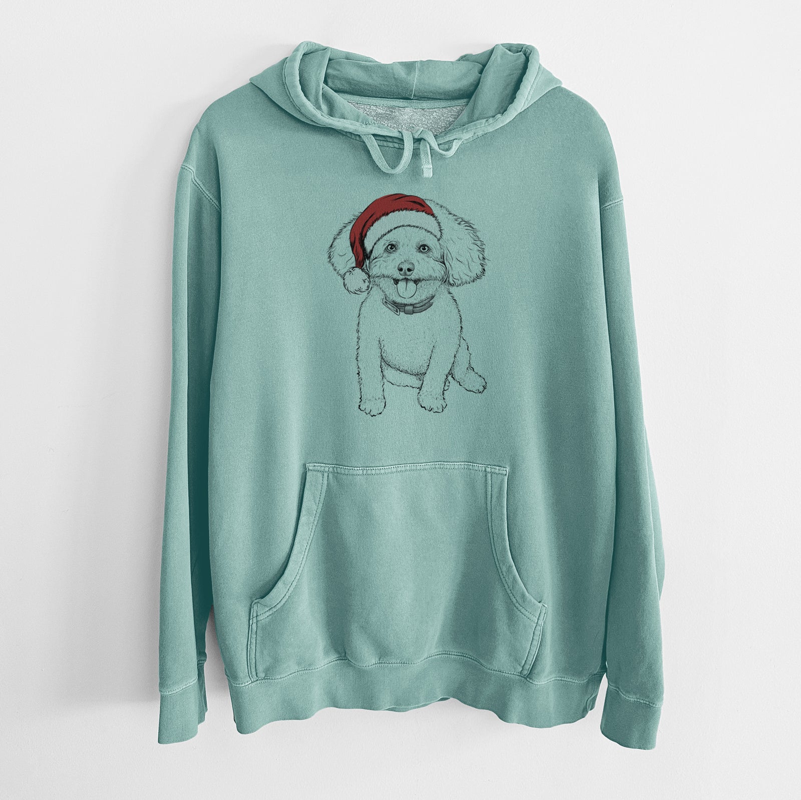 Hand-drawn sketch of Peyton the Bichon Frise wearing a Santa hat on a Mint Unisex pigment dyed hoodie