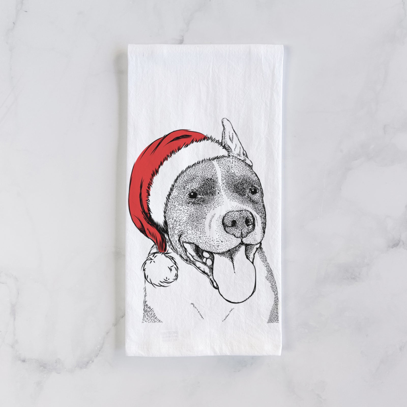 Hand-drawn sketch of Piggy the American Staffordshire Terrier wearing a Santa hat on a tea towel