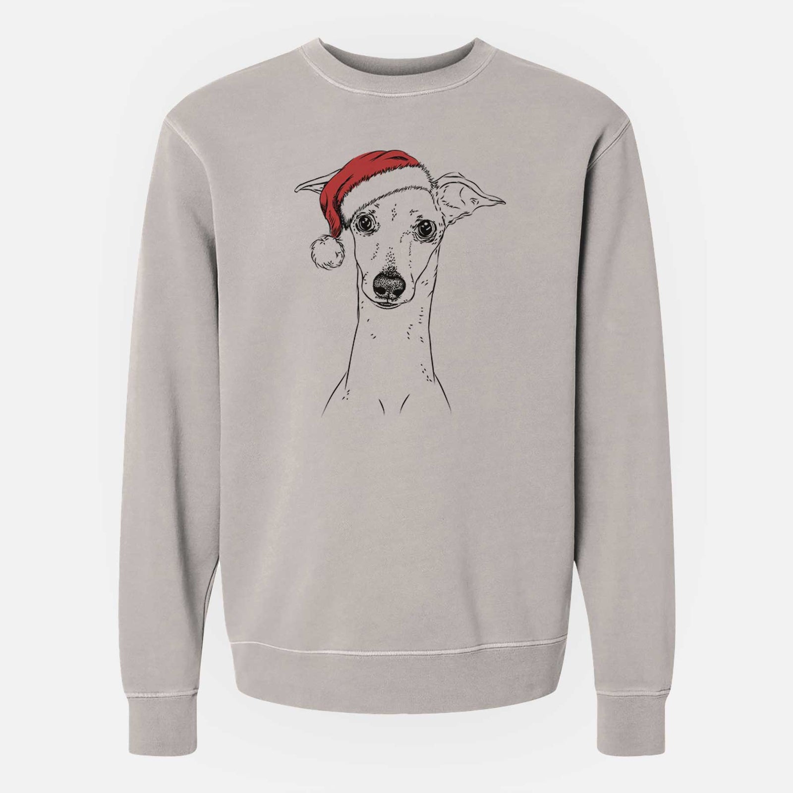 Hand-drawn sketch of Pip the Italian Greyhound wearing a Santa hat on a Cement Unisex pigment dyed crew sweatshirt