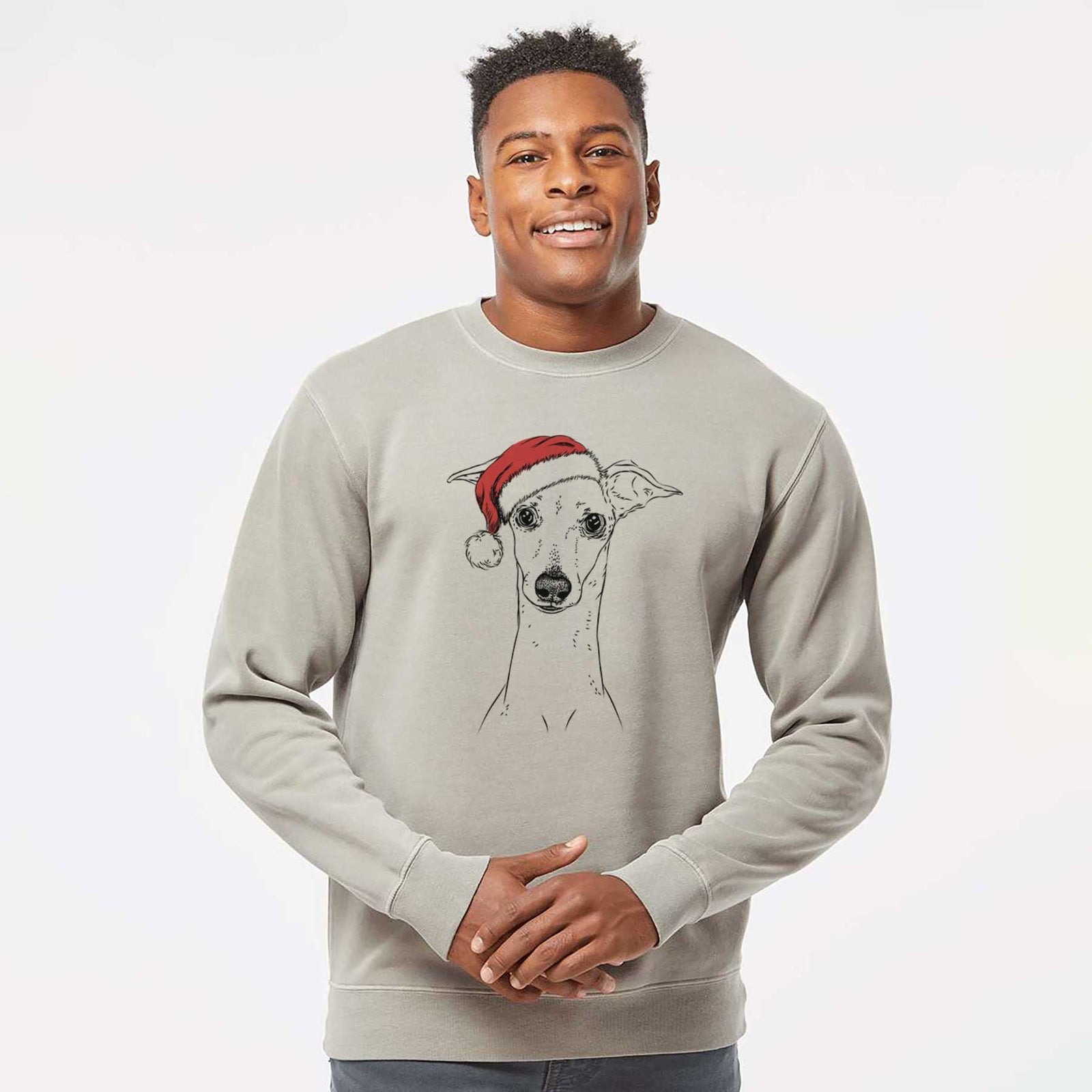 Hand-drawn sketch of Pip the Italian Greyhound wearing a Santa hat on a Cement Unisex pigment dyed crew sweatshirt