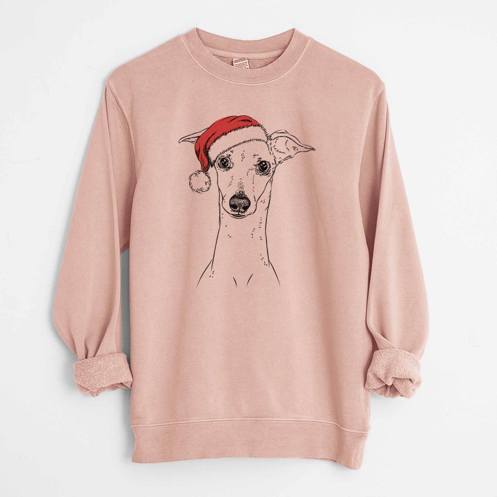 Hand-drawn sketch of Pip the Italian Greyhound wearing a Santa hat on a Dusty Pink Unisex pigment dyed crew sweatshirt