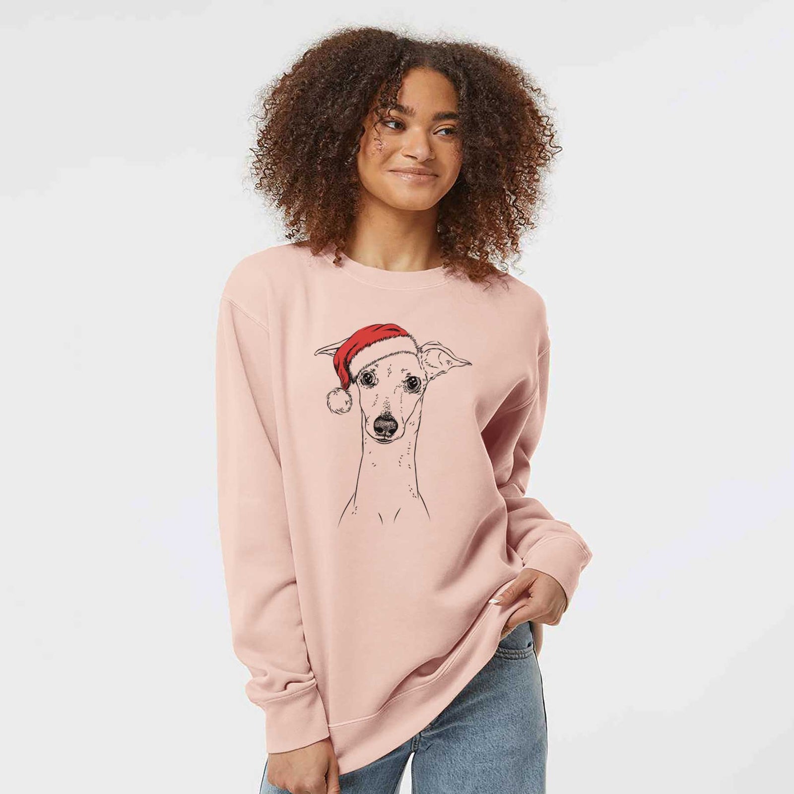 Hand-drawn sketch of Pip the Italian Greyhound wearing a Santa hat on a Dusty Pink Unisex pigment dyed crew sweatshirt