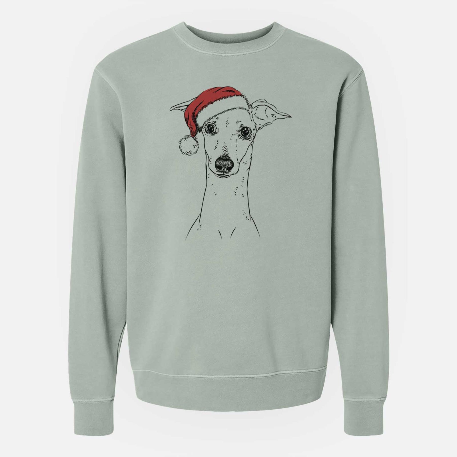 Hand-drawn sketch of Pip the Italian Greyhound wearing a Santa hat on a Sage Unisex pigment dyed crew sweatshirt