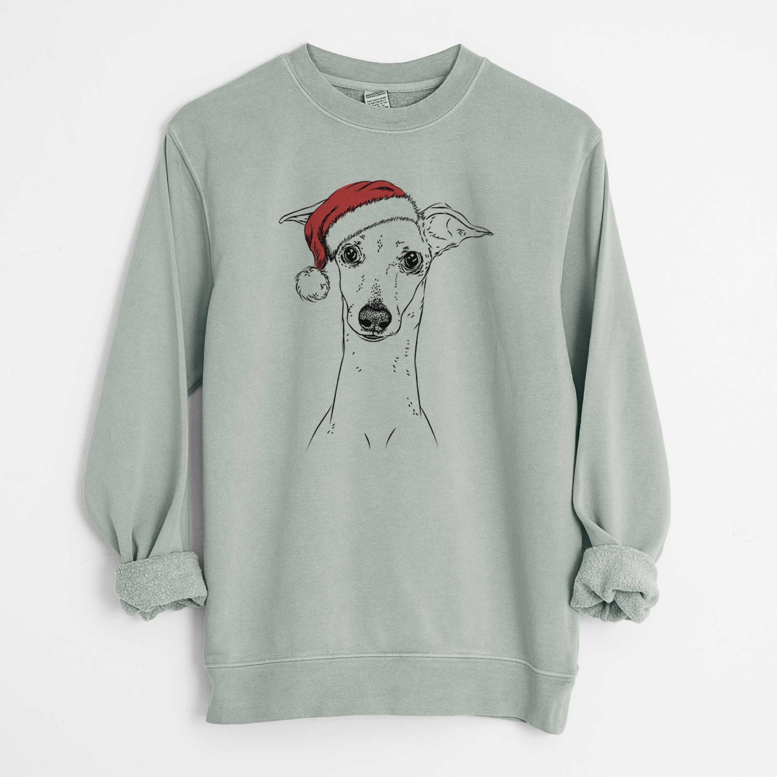 Hand-drawn sketch of Pip the Italian Greyhound wearing a Santa hat on a Sage Unisex pigment dyed crew sweatshirt