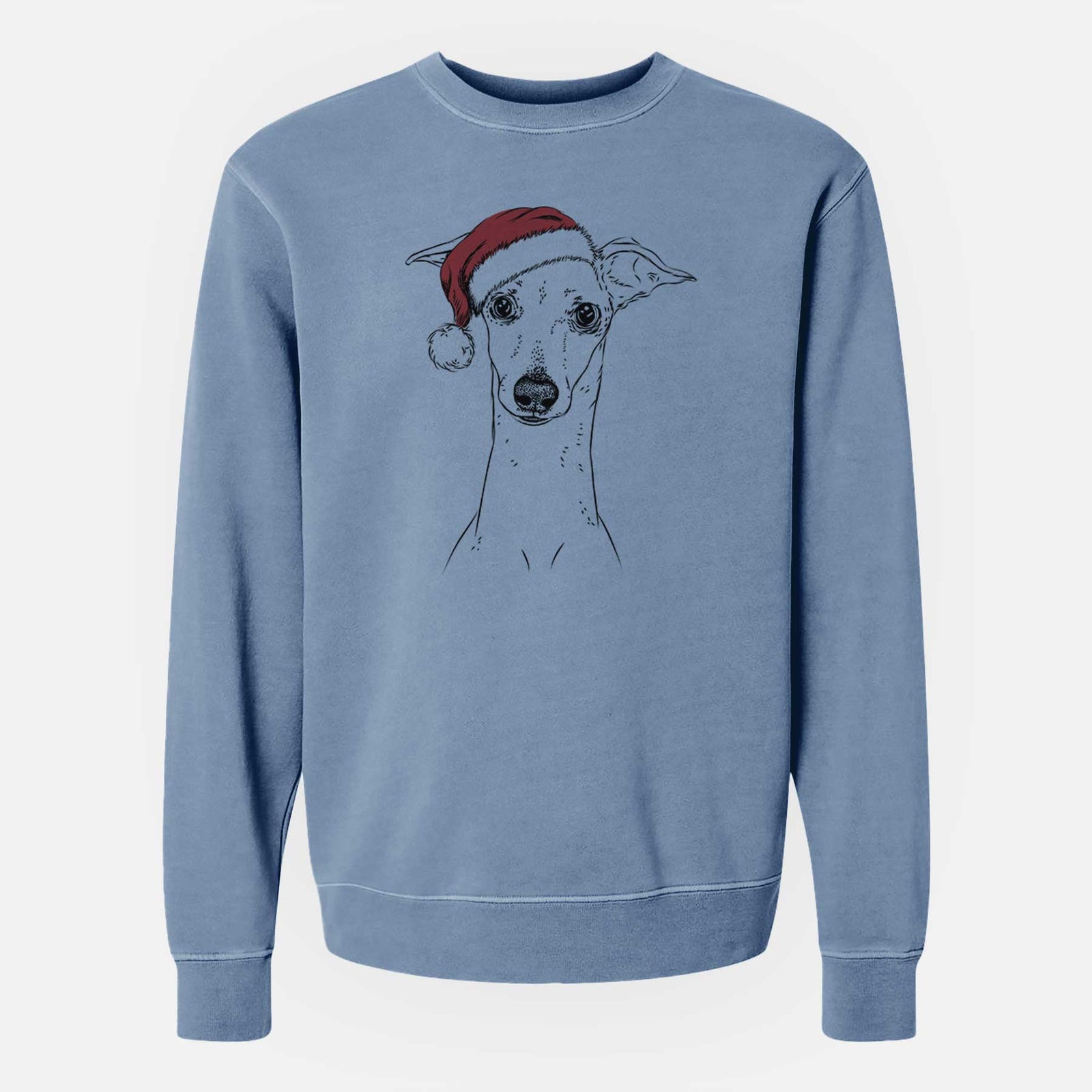 Hand-drawn sketch of Pip the Italian Greyhound wearing a Santa hat on a Slate Blue Unisex pigment dyed crew sweatshirt