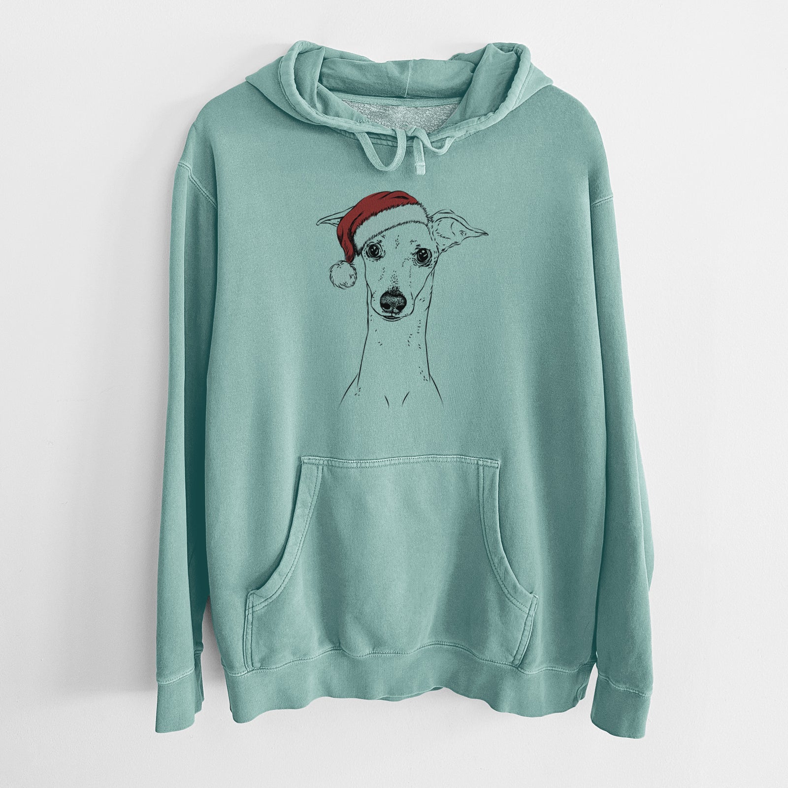 Hand-drawn sketch of Pip the Italian Greyhound wearing a Santa hat on a Mint Unisex pigment dyed hoodie