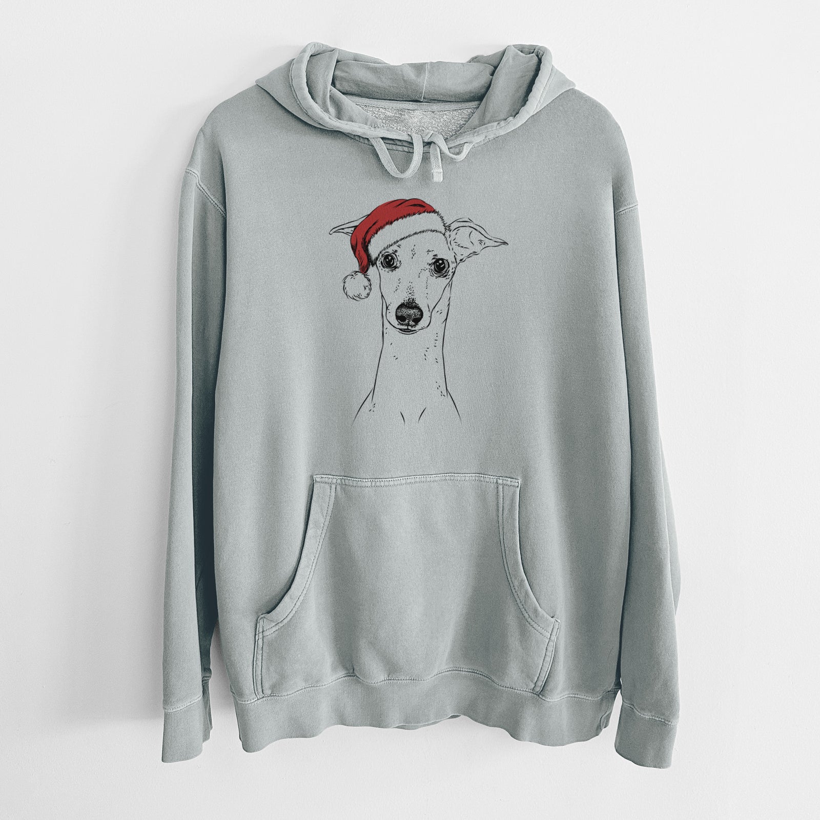 Hand-drawn sketch of Pip the Italian Greyhound wearing a Santa hat on a Sage Unisex pigment dyed hoodie