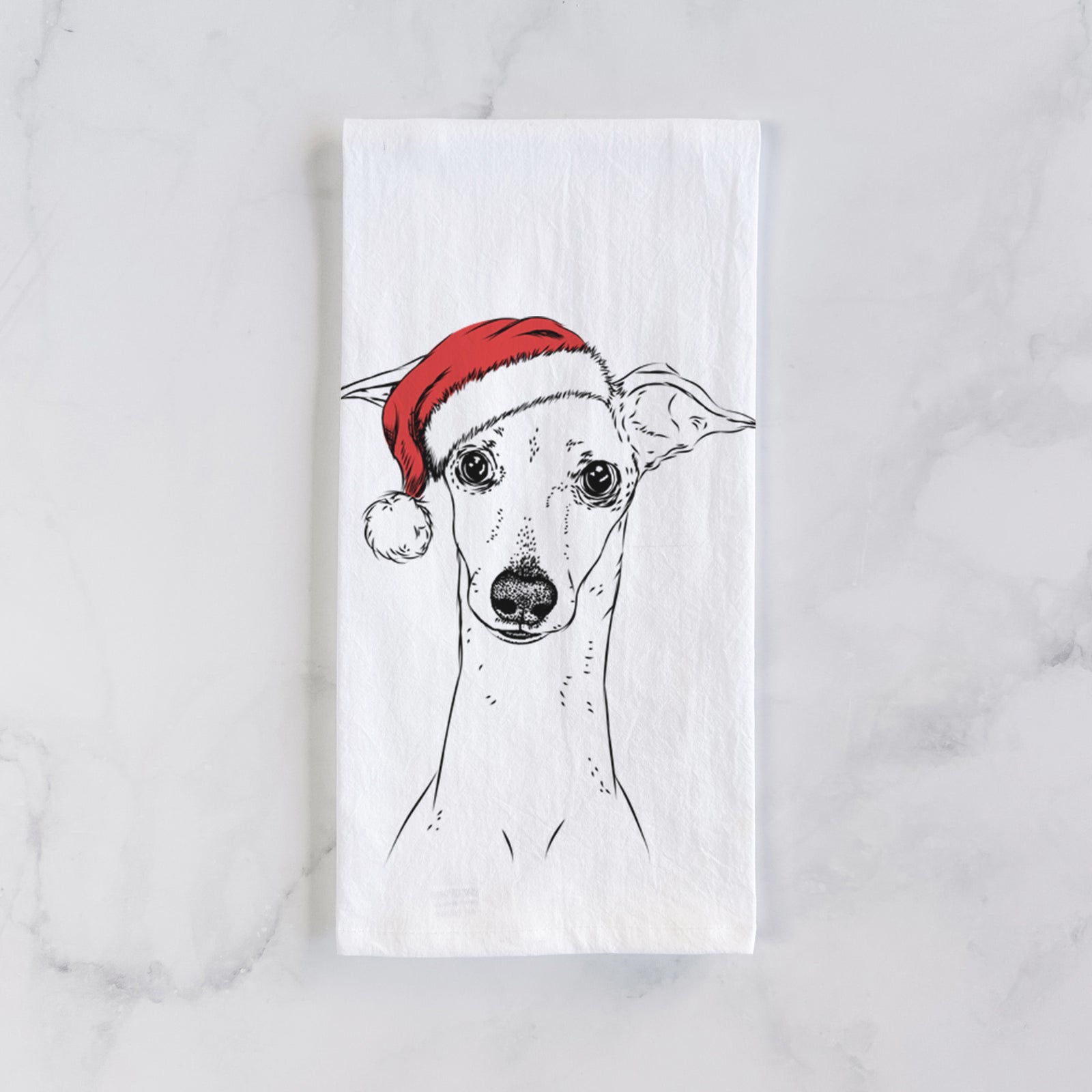 Hand-drawn sketch of Pip the Italian Greyhound wearing a Santa hat on a tea towel