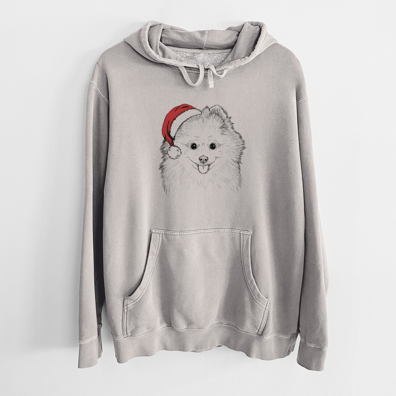 Hand-drawn sketch of Piper Jo the Pomeranian wearing a Santa hat on a Cement Unisex pigment dyed hoodie