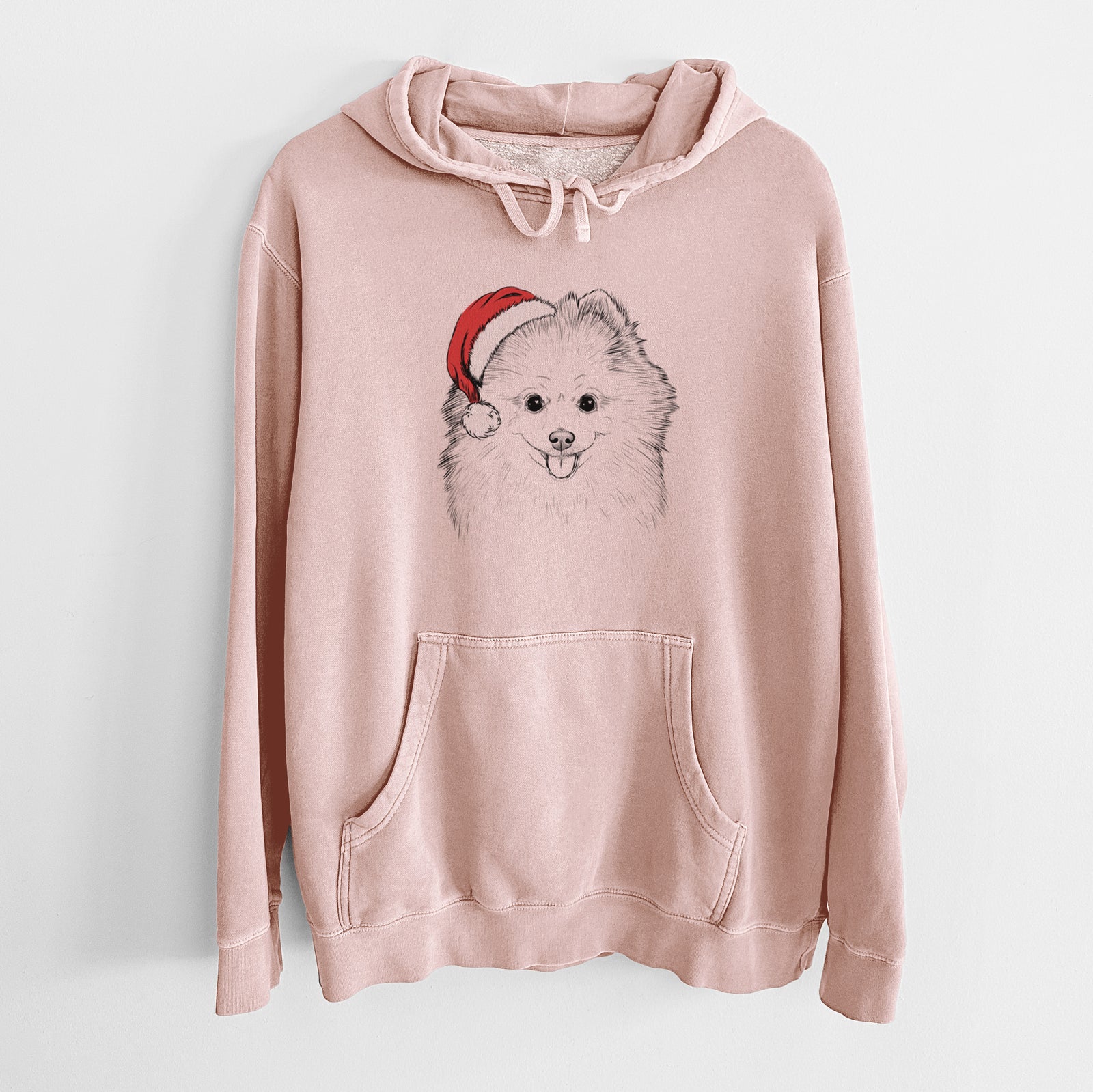 Hand-drawn sketch of Piper Jo the Pomeranian wearing a Santa hat on a Dusty Pink Unisex pigment dyed hoodie