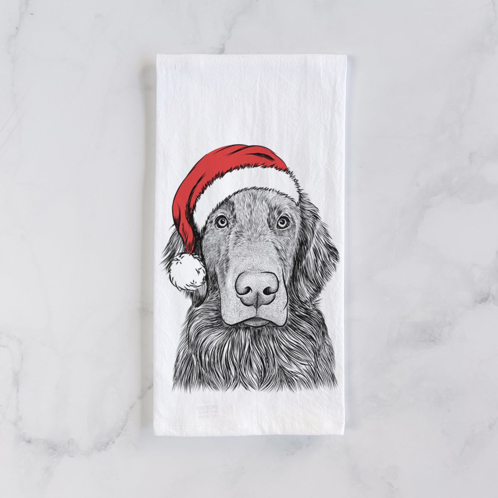 Hand-drawn sketch of Pippin the Flat Coated Retriever wearing a Santa hat on a tea towel