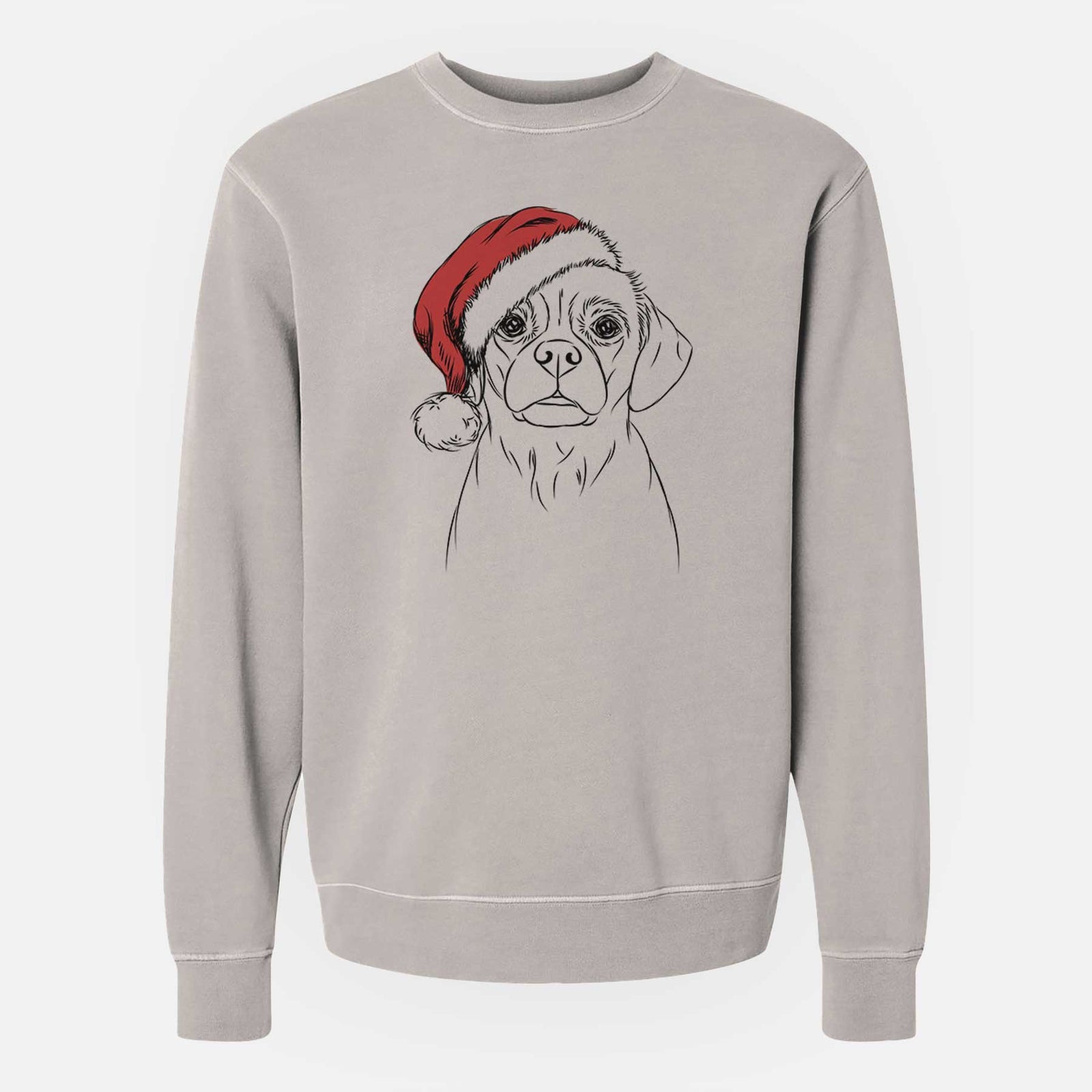 Hand-drawn sketch of Popcorn the Puggle wearing a Santa hat on a Cement Unisex pigment dyed crew sweatshirt