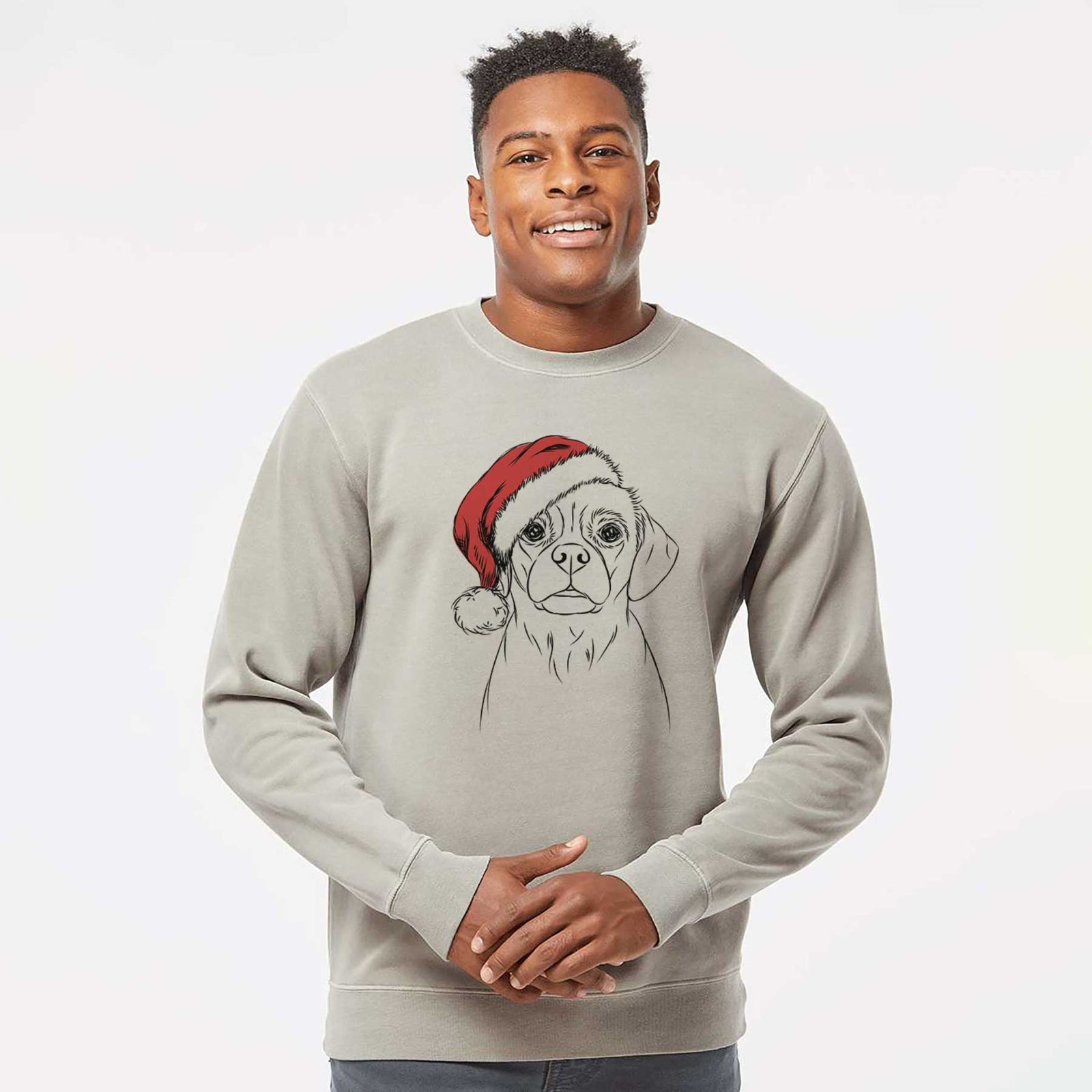 Hand-drawn sketch of Popcorn the Puggle wearing a Santa hat on a Cement Unisex pigment dyed crew sweatshirt