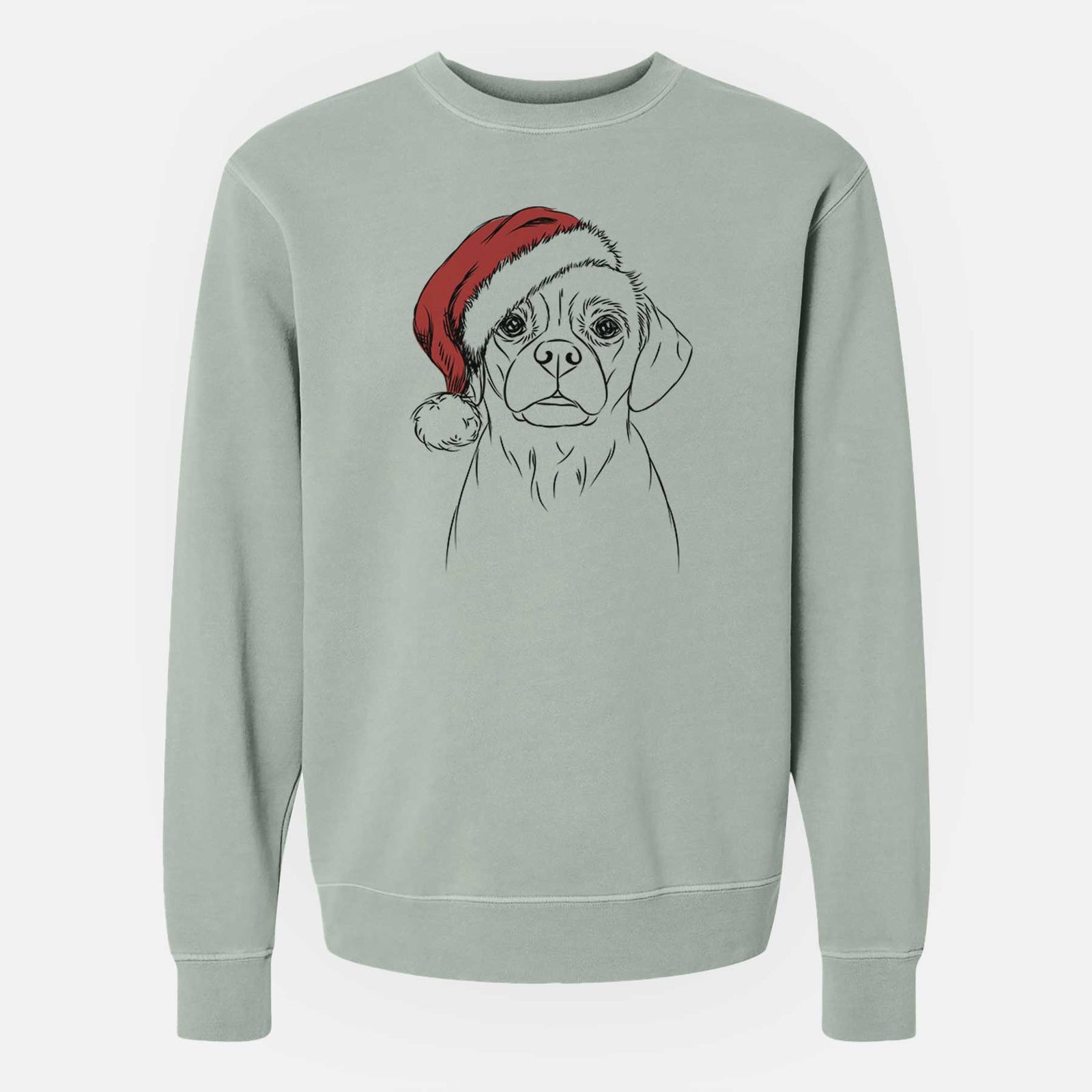 Hand-drawn sketch of Popcorn the Puggle wearing a Santa hat on a Sage Unisex pigment dyed crew sweatshirt