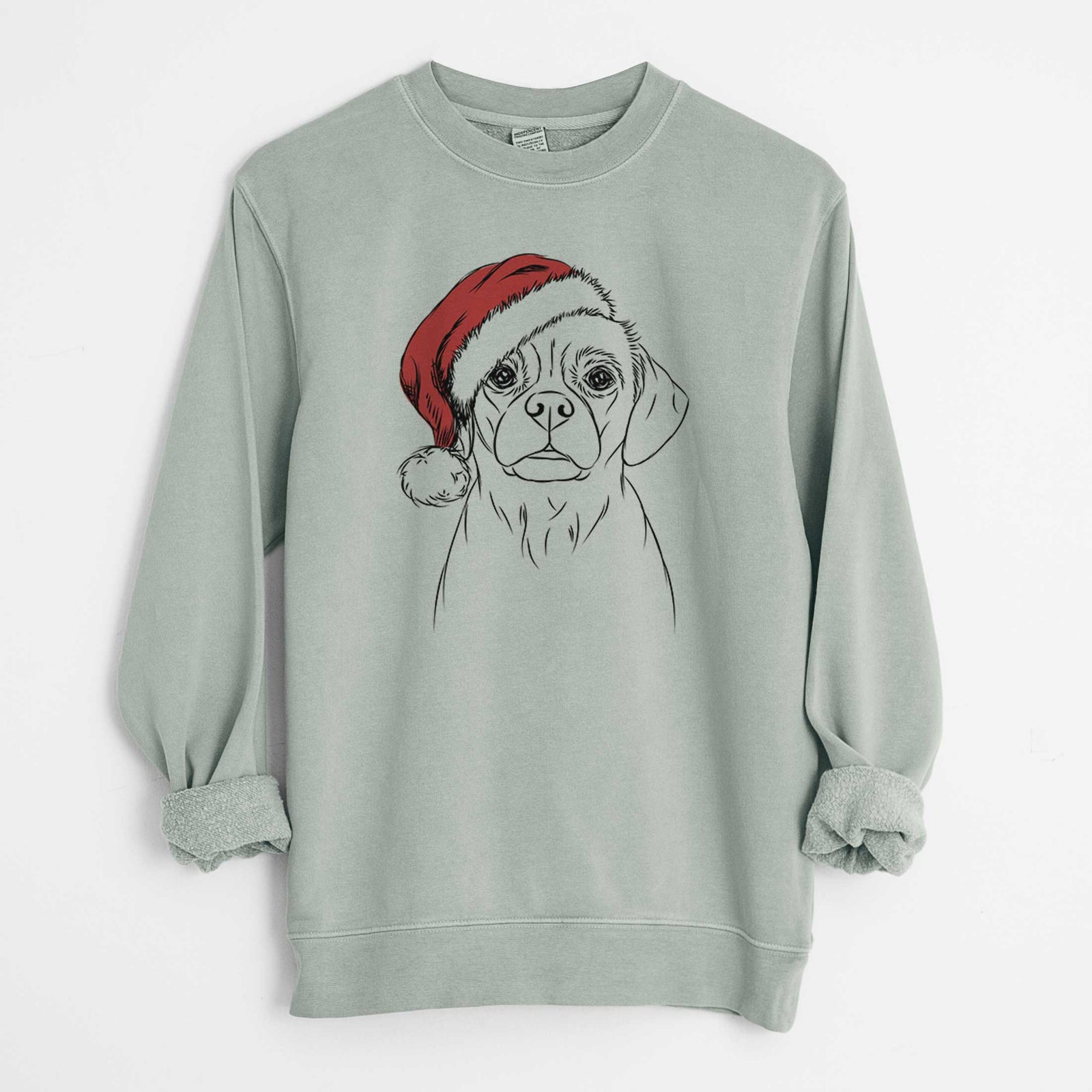 Hand-drawn sketch of Popcorn the Puggle wearing a Santa hat on a Sage Unisex pigment dyed crew sweatshirt