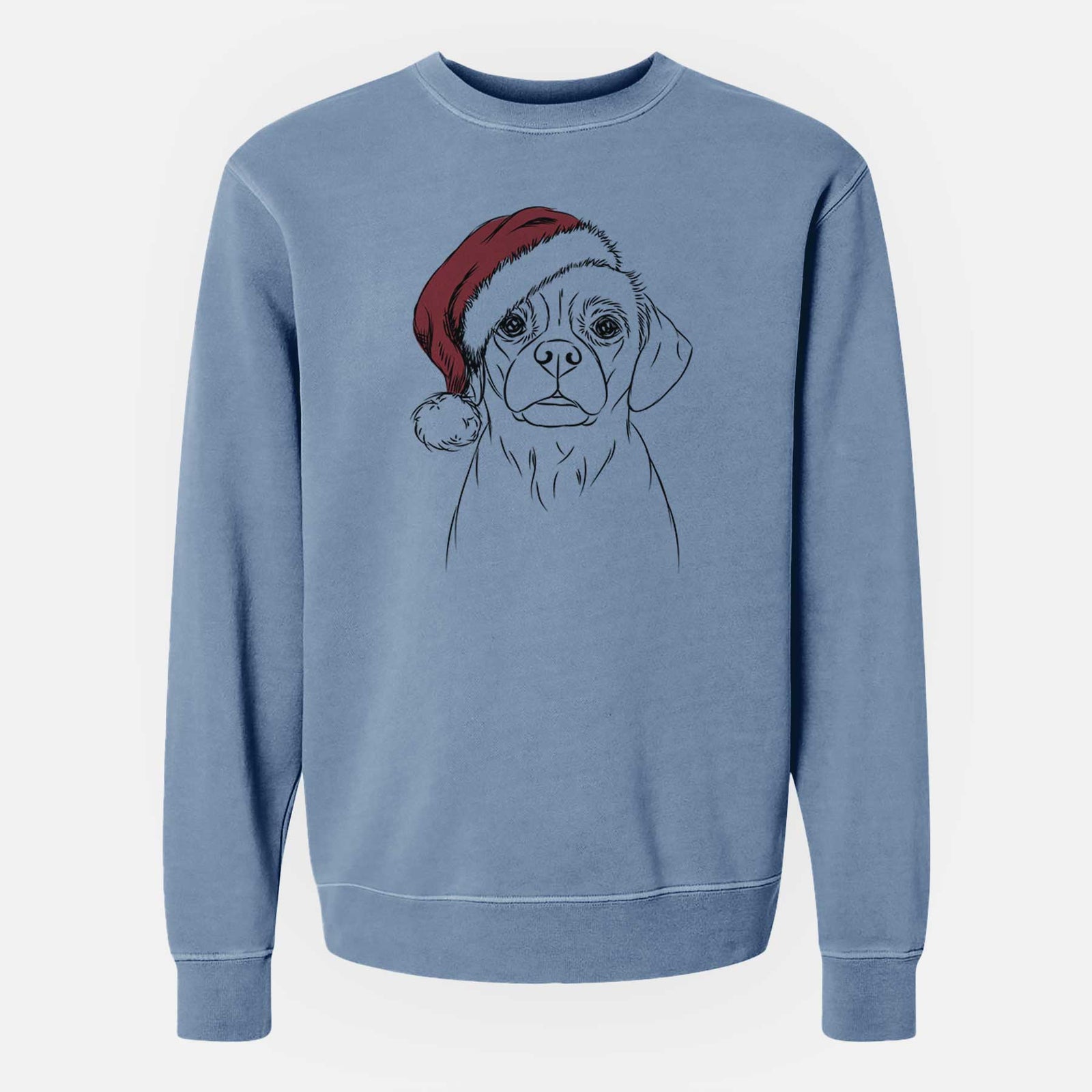 Hand-drawn sketch of Popcorn the Puggle wearing a Santa hat on a Slate Blue Unisex pigment dyed crew sweatshirt