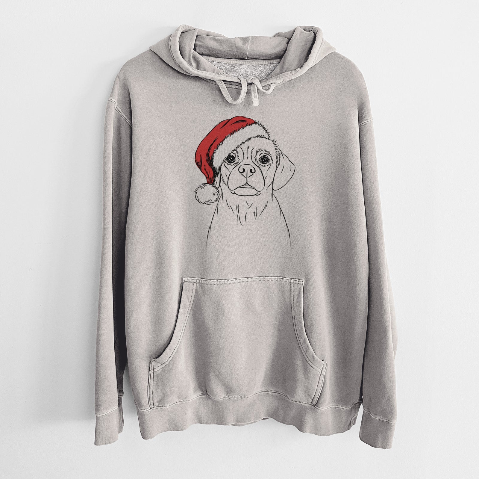Hand-drawn sketch of Popcorn the Puggle wearing a Santa hat on a Cement Unisex pigment dyed hoodie