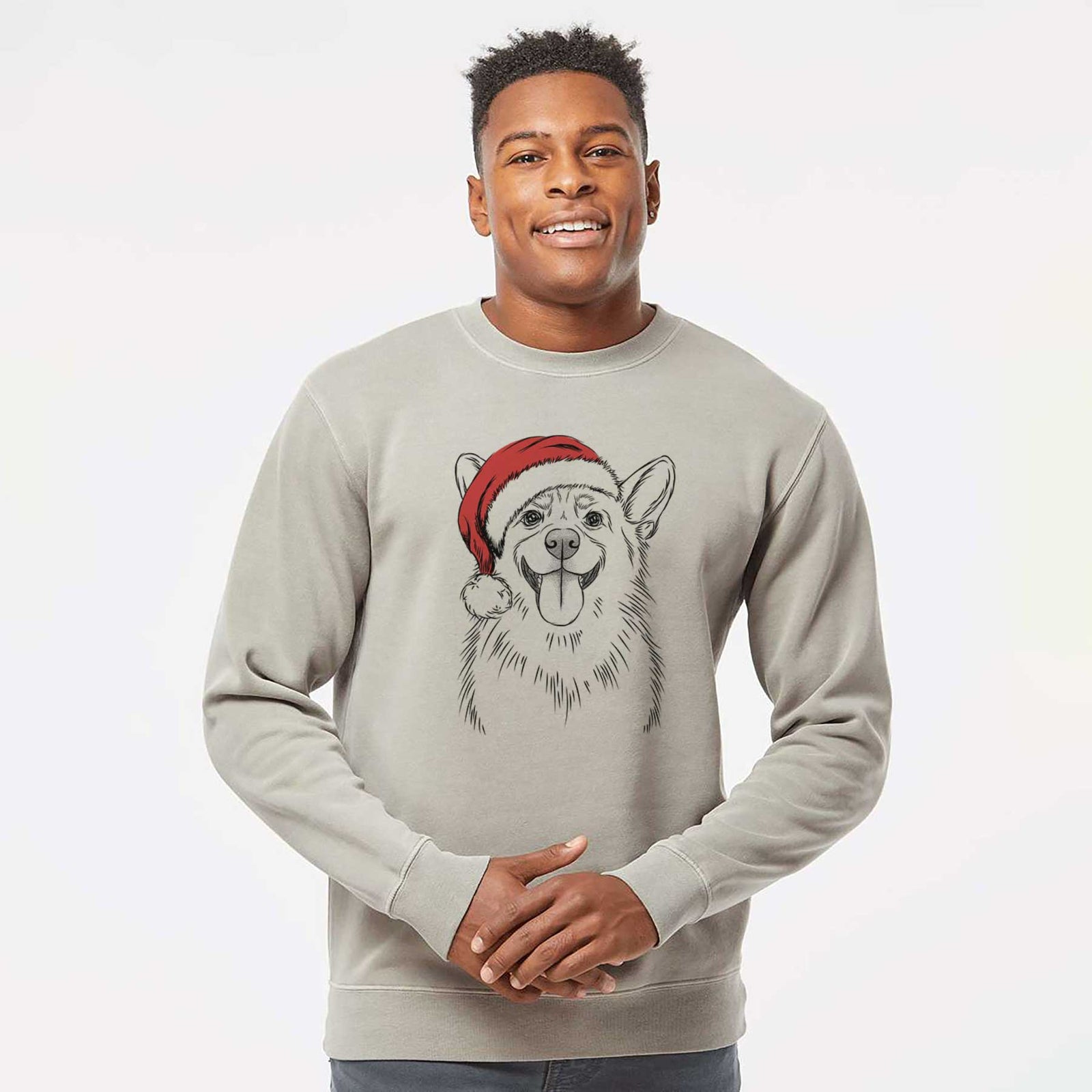 Hand-drawn sketch of Porter the Pembroke Welsh Corgi wearing a Santa hat on a Cement Unisex pigment dyed crew sweatshirt