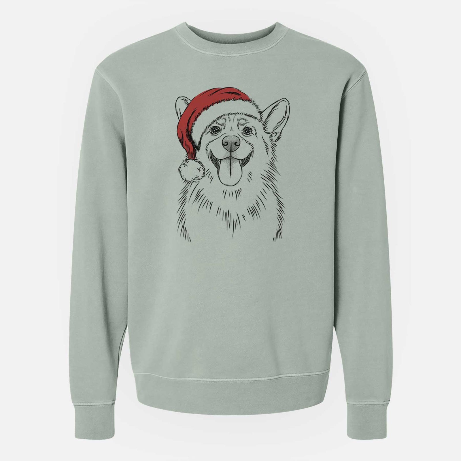 Hand-drawn sketch of Porter the Pembroke Welsh Corgi wearing a Santa hat on a Sage Unisex pigment dyed crew sweatshirt