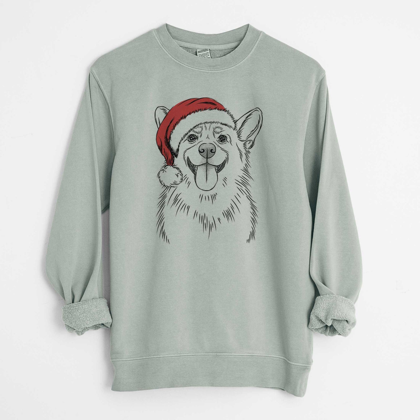 Hand-drawn sketch of Porter the Pembroke Welsh Corgi wearing a Santa hat on a Sage Unisex pigment dyed crew sweatshirt