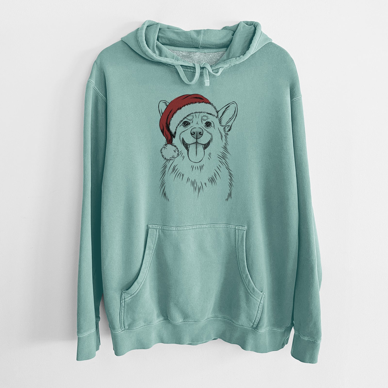 Hand-drawn sketch of Porter the Pembroke Welsh Corgi wearing a Santa hat on a Mint Unisex pigment dyed hoodie