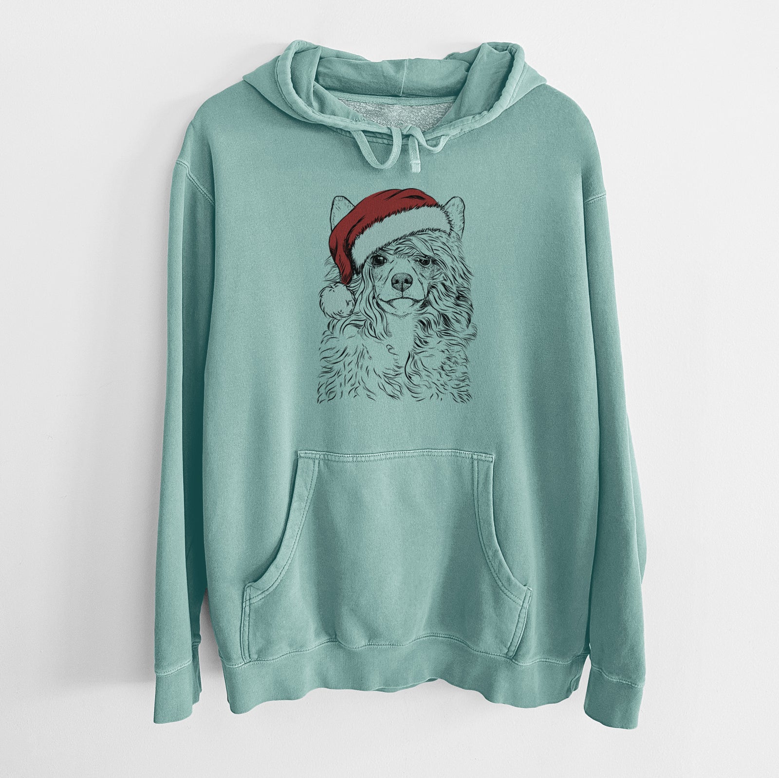 Hand-drawn sketch of Preston the Powderpuff Chinese Crested wearing a Santa hat on a Mint Unisex pigment dyed hoodie