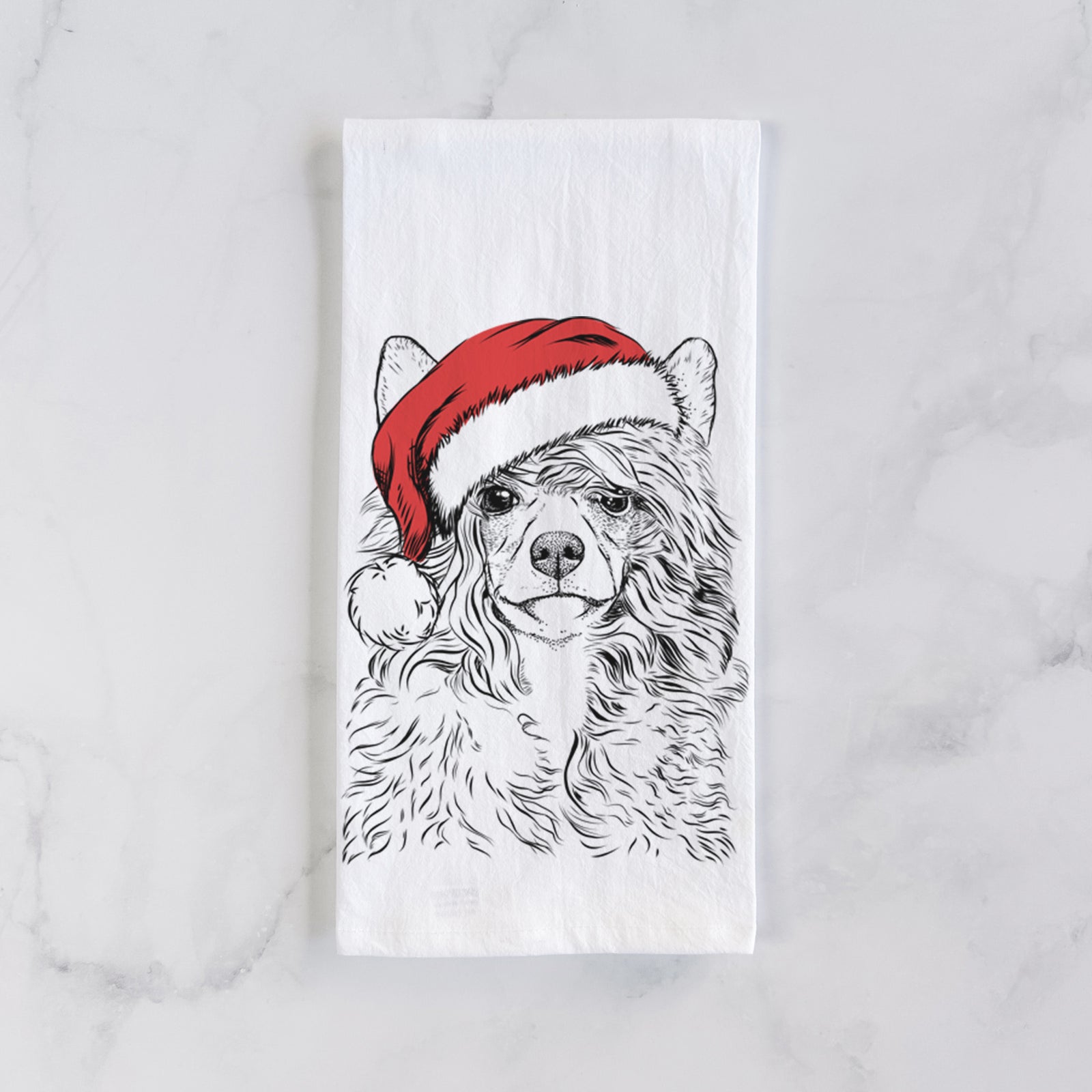 Hand-drawn sketch of Preston the Powderpuff Chinese Crested wearing a Santa hat on a tea towel