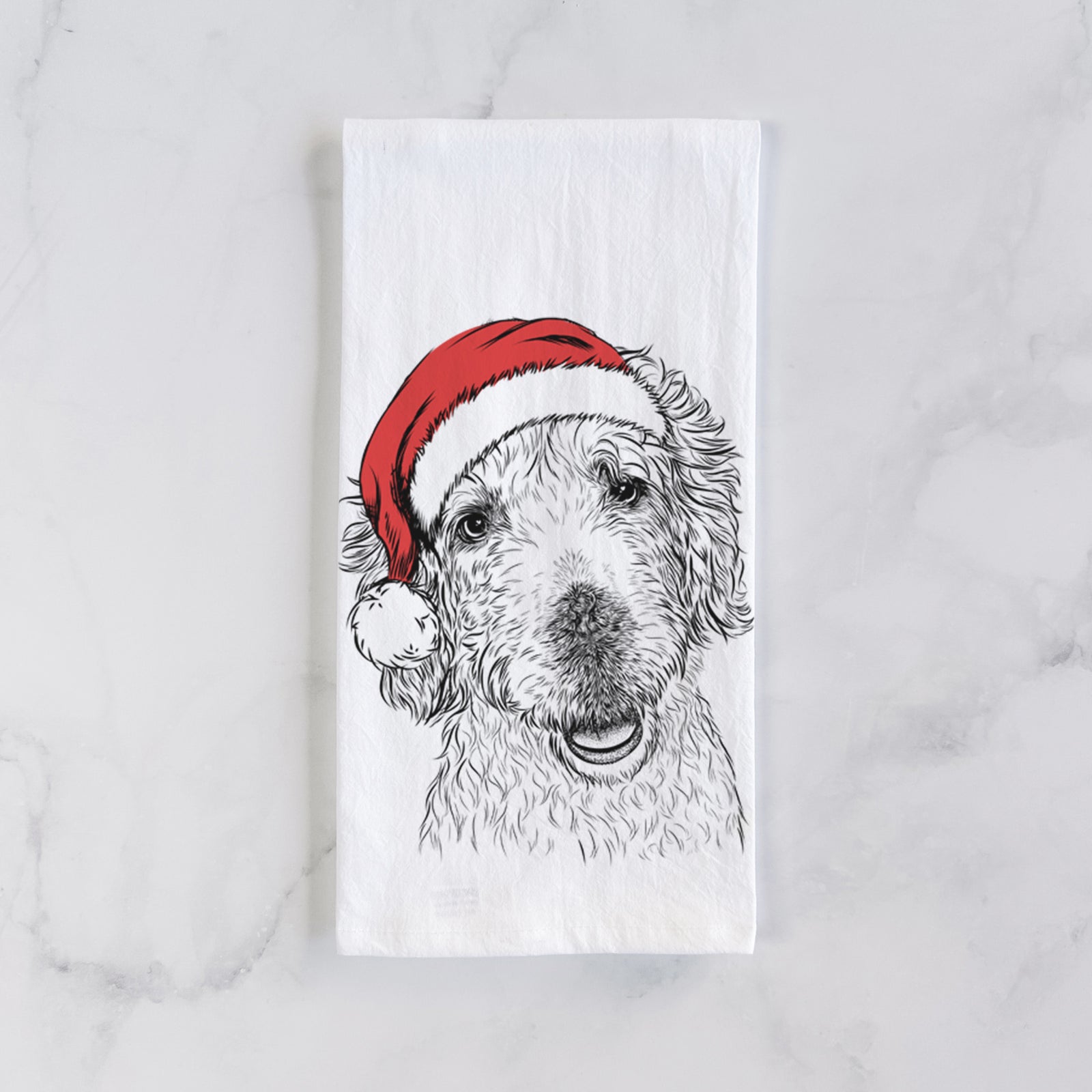 Hand-drawn sketch of Preston the Labradoodle wearing a Santa hat on a tea towel