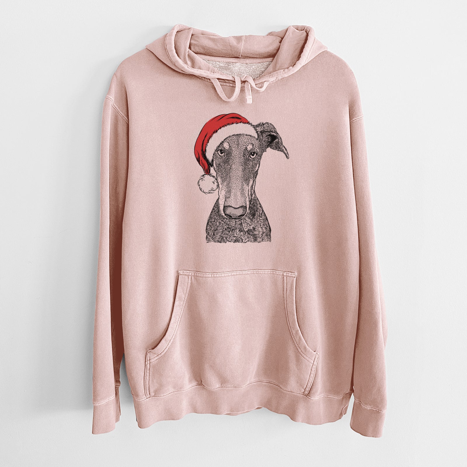 Hand-drawn sketch of Princess Fiona the Doberman Pinscher wearing a Santa hat on a Dusty Pink Unisex pigment dyed hoodie