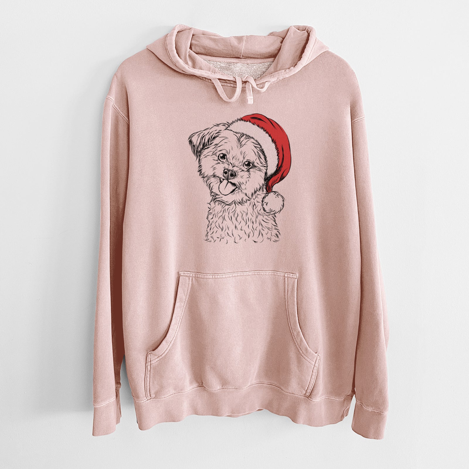 Hand-drawn sketch of Puff the Malshi wearing a Santa hat on a Dusty Pink Unisex pigment dyed hoodie