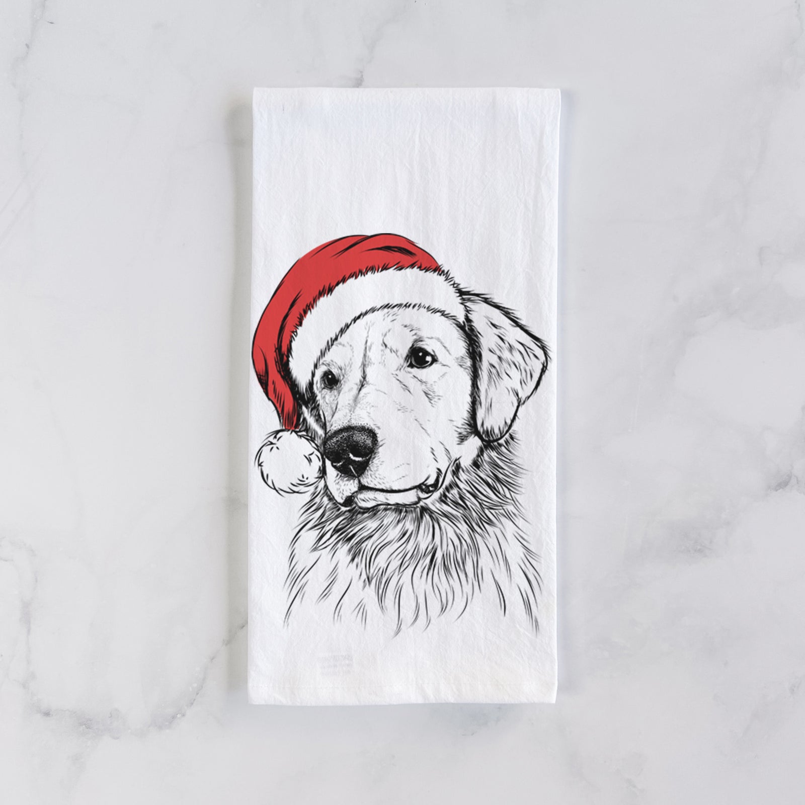 Hand-drawn sketch of Quinn the Golden Retriever wearing a Santa hat on a tea towel