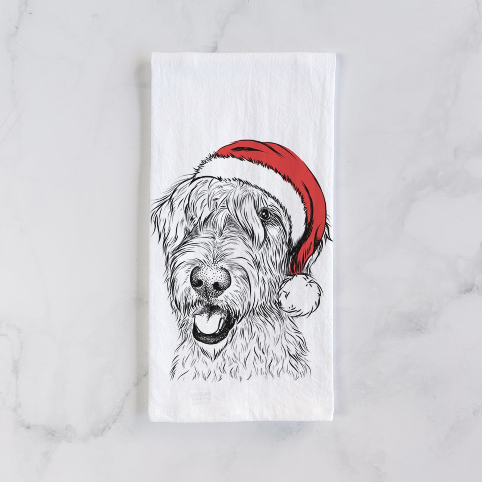 Hand-drawn sketch of Ragnar the Irish Wolfhound wearing a Santa hat on a tea towel