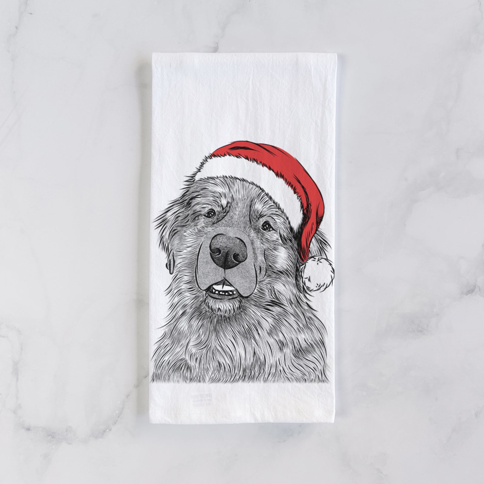 Hand-drawn sketch of Ralph the Leonberger wearing a Santa hat on a tea towel