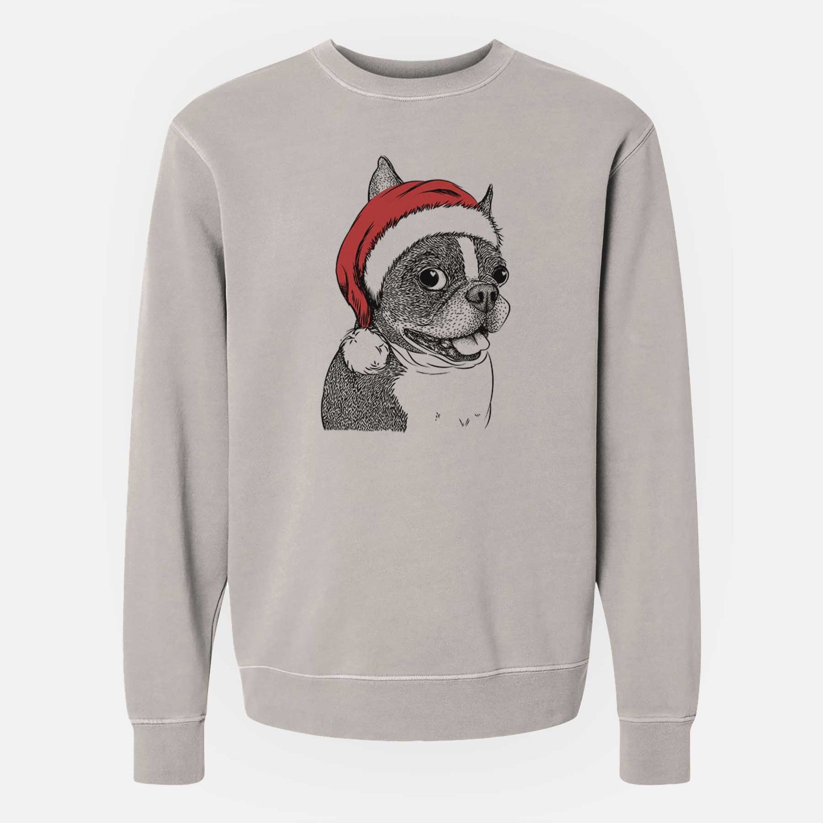 Hand-drawn sketch of Ralphie the Boston Terrier wearing a Santa hat on a Cement Unisex pigment dyed crew sweatshirt