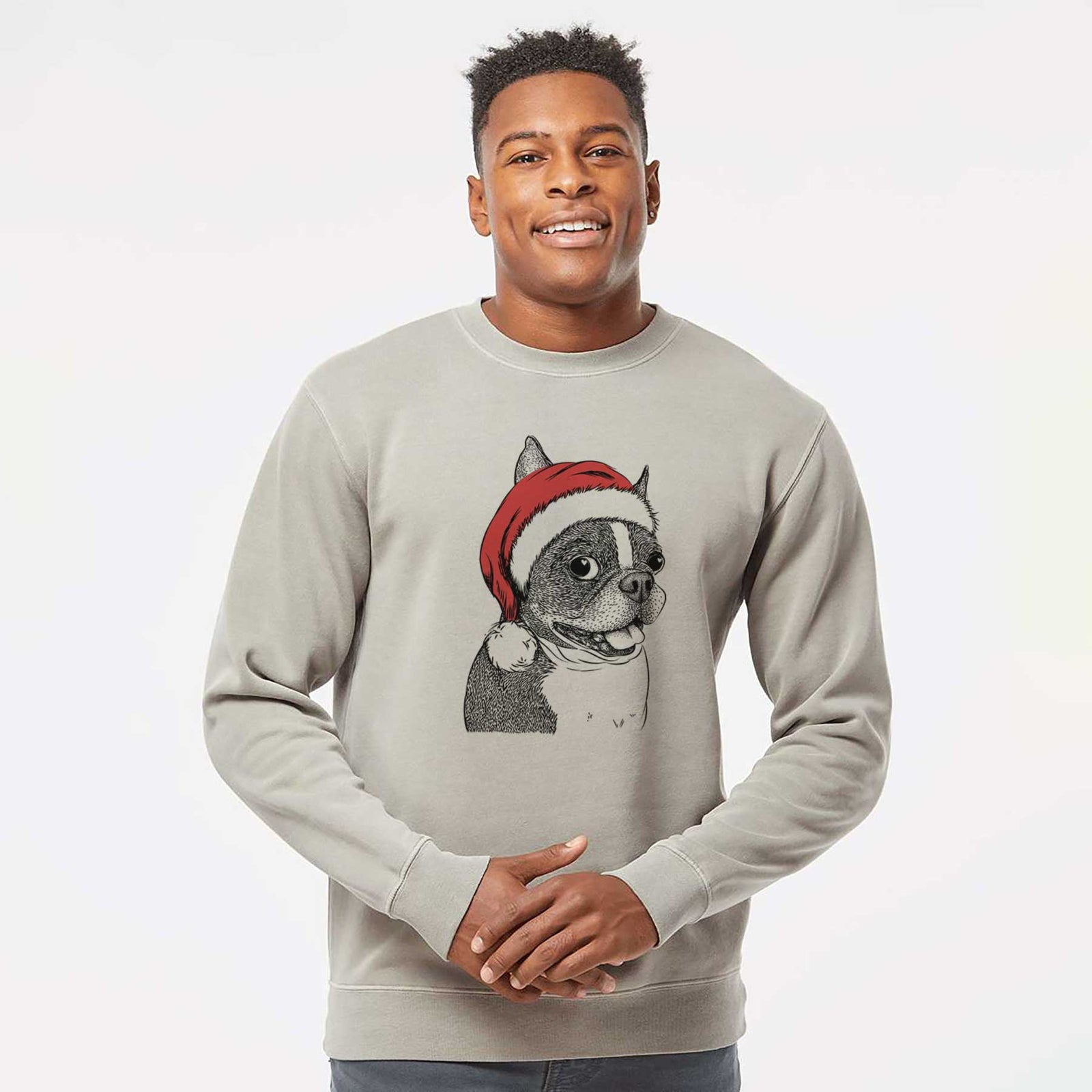 Hand-drawn sketch of Ralphie the Boston Terrier wearing a Santa hat on a Cement Unisex pigment dyed crew sweatshirt