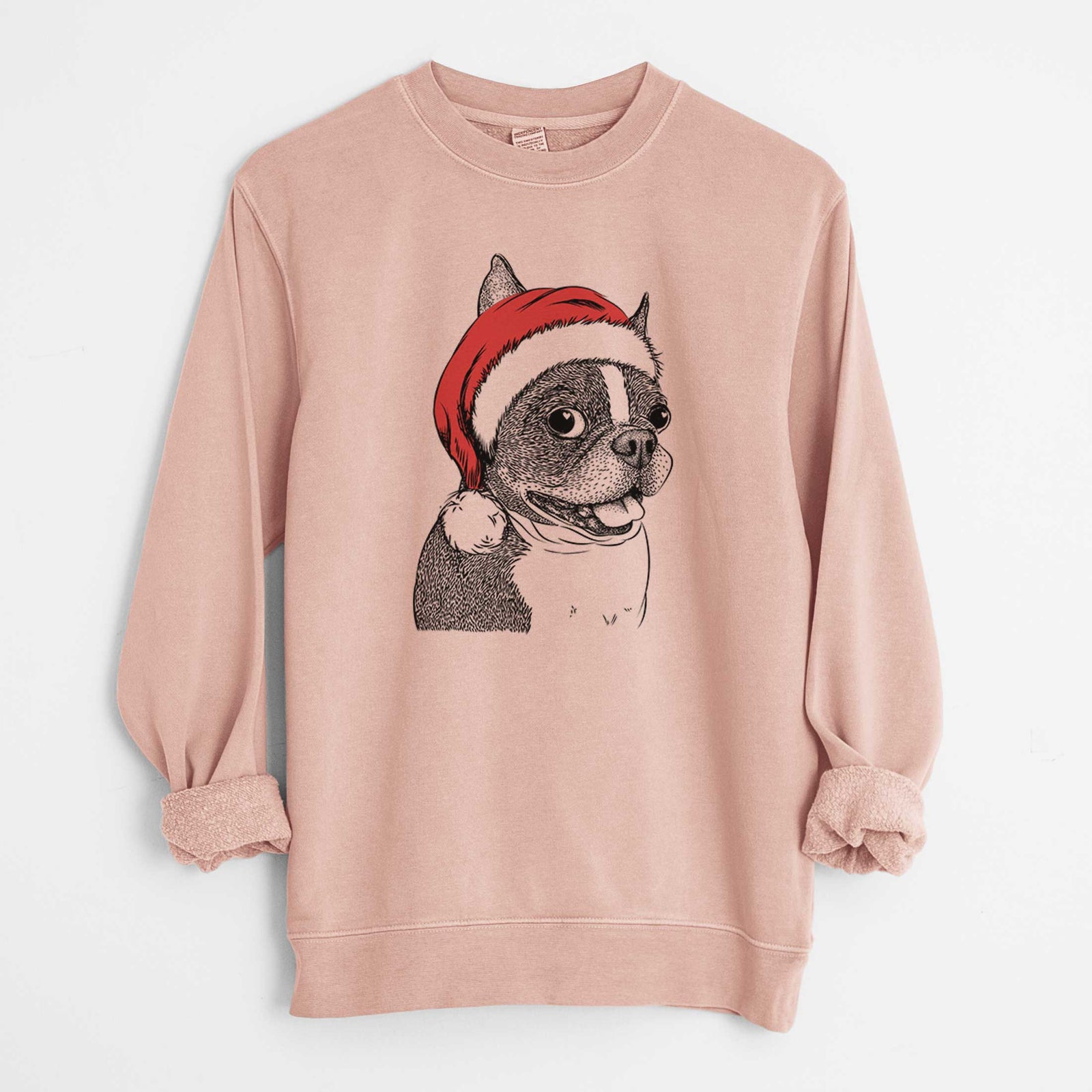 Hand-drawn sketch of Ralphie the Boston Terrier wearing a Santa hat on a Dusty Pink Unisex pigment dyed crew sweatshirt
