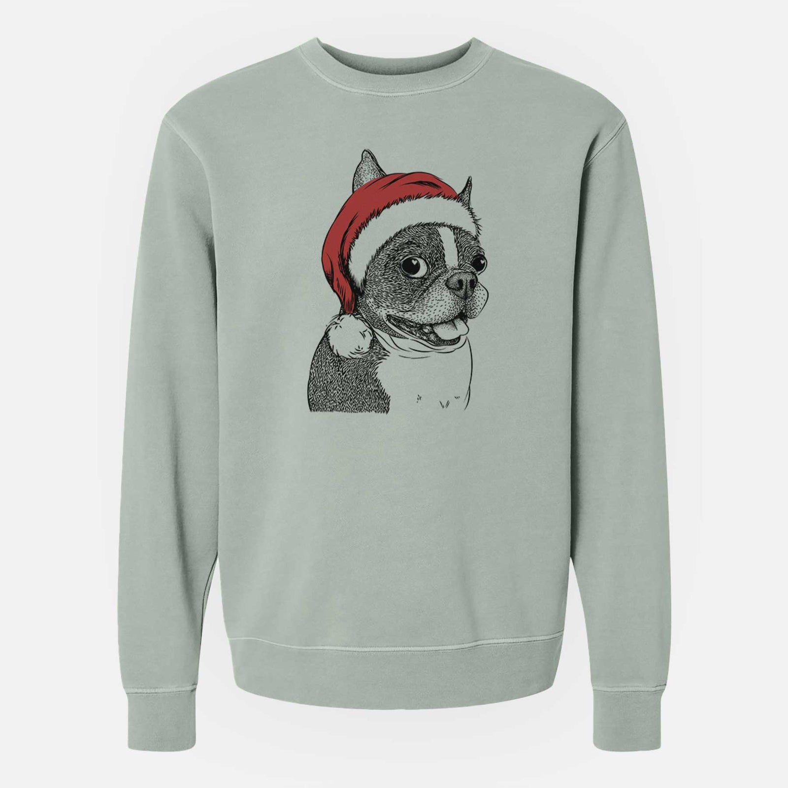 Hand-drawn sketch of Ralphie the Boston Terrier wearing a Santa hat on a Sage Unisex pigment dyed crew sweatshirt
