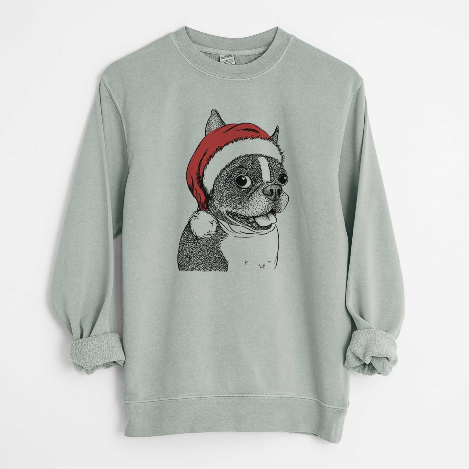 Hand-drawn sketch of Ralphie the Boston Terrier wearing a Santa hat on a Sage Unisex pigment dyed crew sweatshirt
