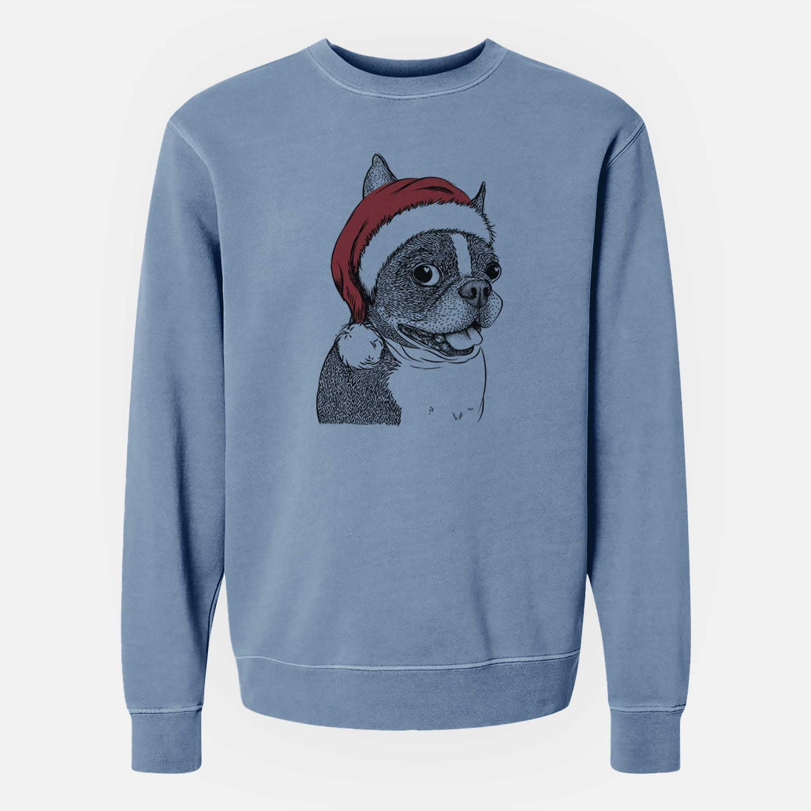 Hand-drawn sketch of Ralphie the Boston Terrier wearing a Santa hat on a Slate Blue Unisex pigment dyed crew sweatshirt