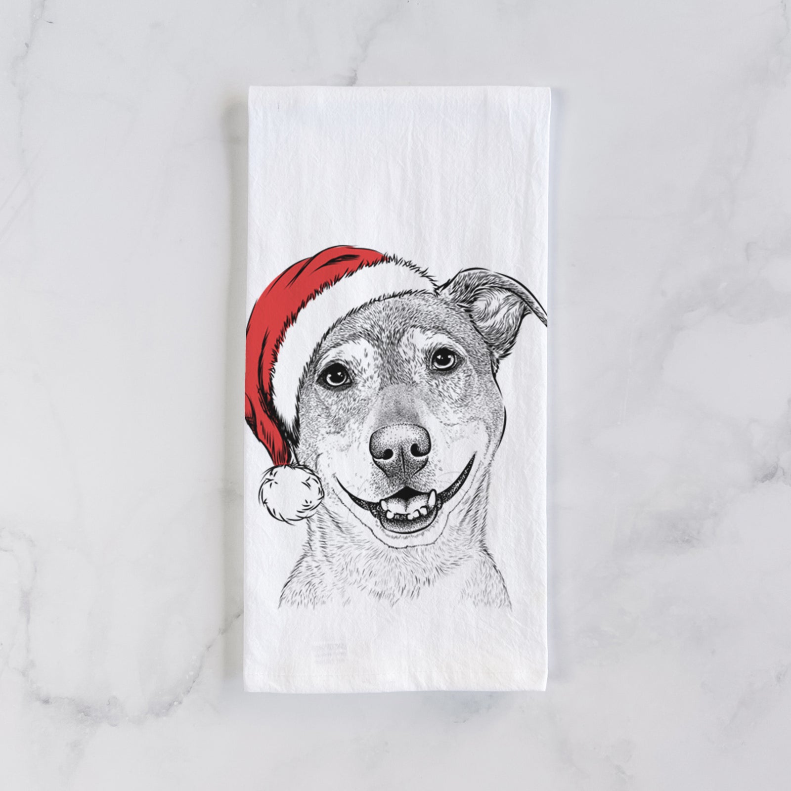 Hand-drawn sketch of Reese the Mountain Cur wearing a Santa hat on a tea towel