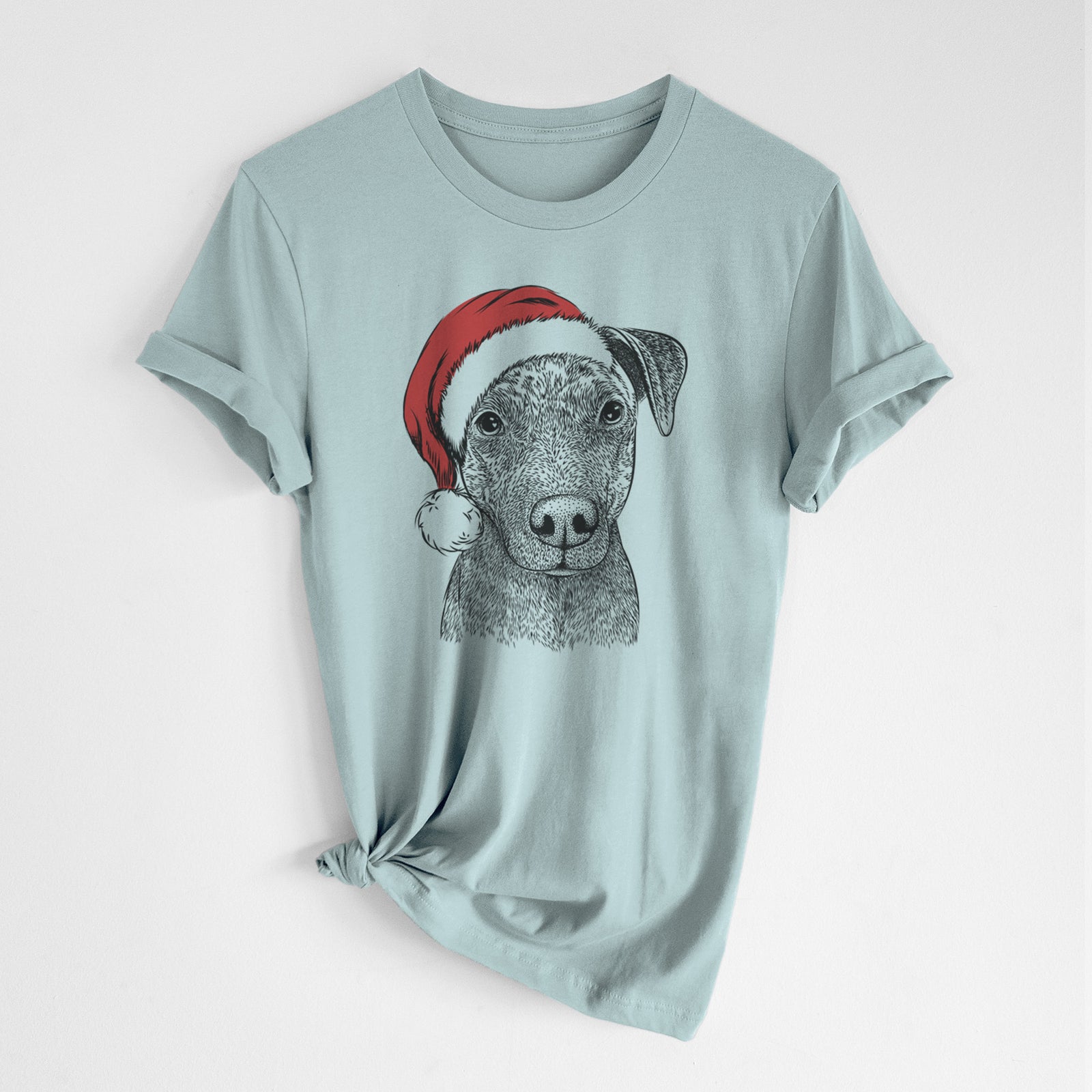 Hand-drawn sketch of Reeses the Pitbull wearing a Santa hat on a Dusty Blue Unisex crewneck, worn by a woman