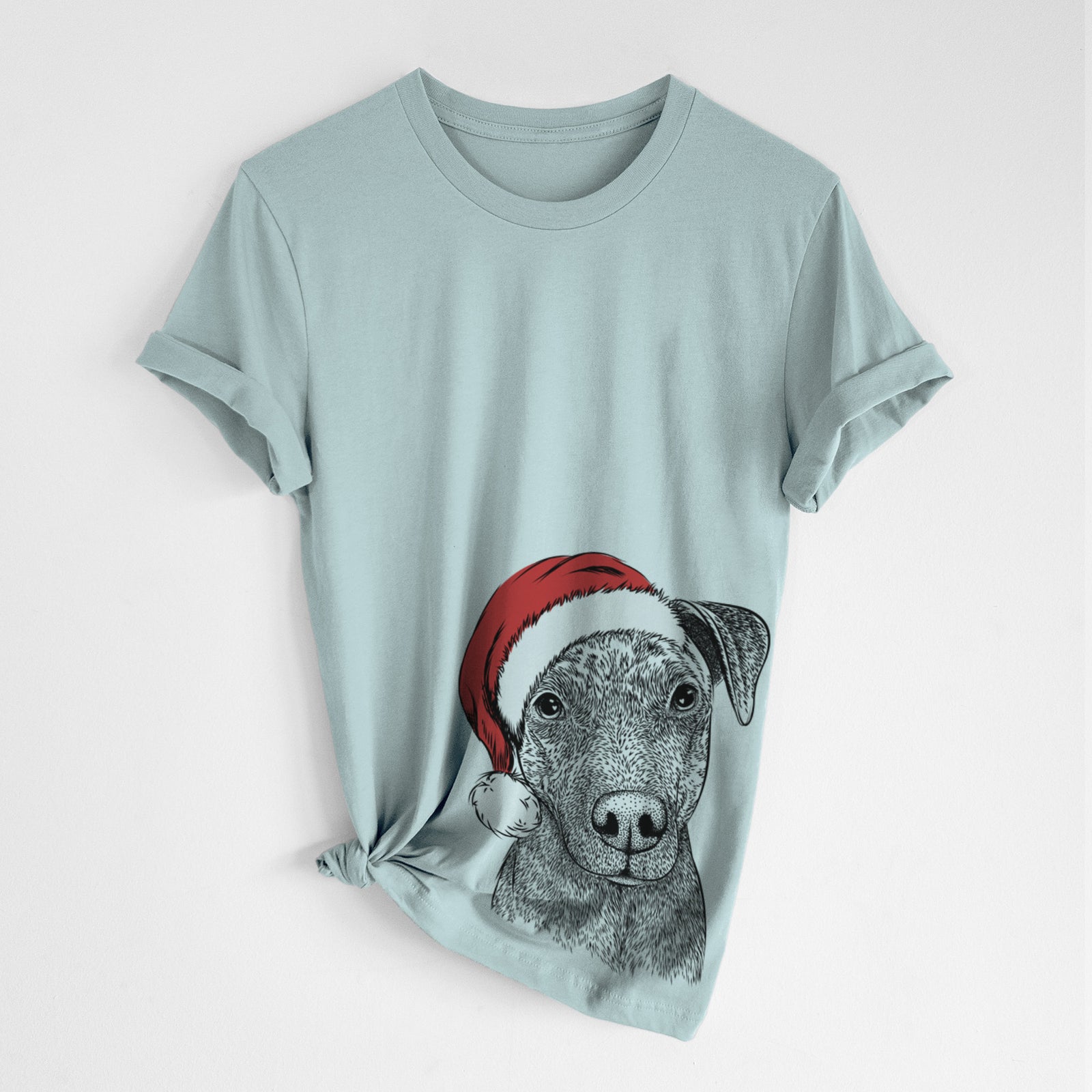 Hand-drawn sketch of Reeses the Pitbull wearing a Santa hat on a Dusty Blue Unisex crewneck, worn by a woman