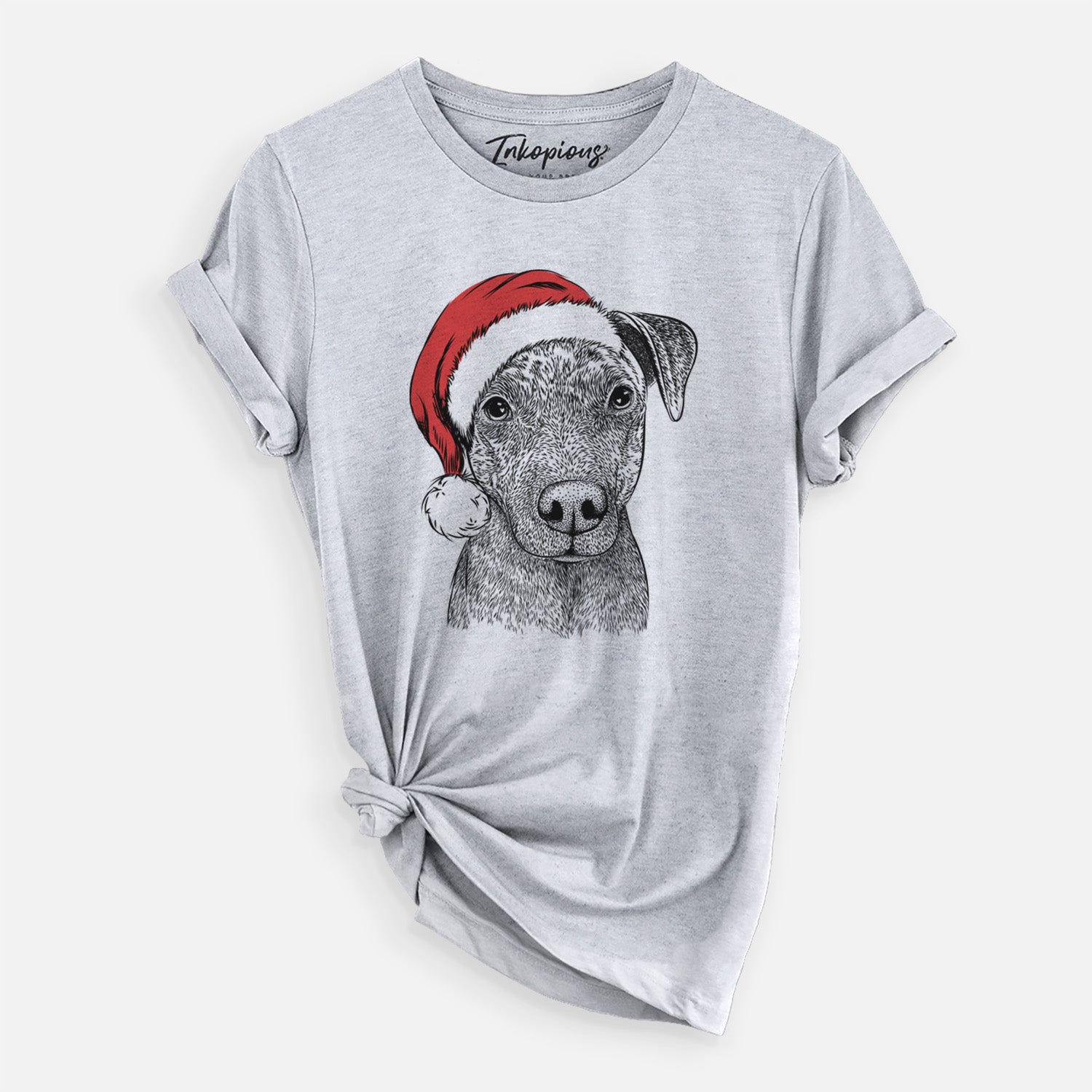 Hand-drawn sketch of Reeses the Pitbull wearing a Santa hat on a Grey Unisex crewneck, worn by a woman