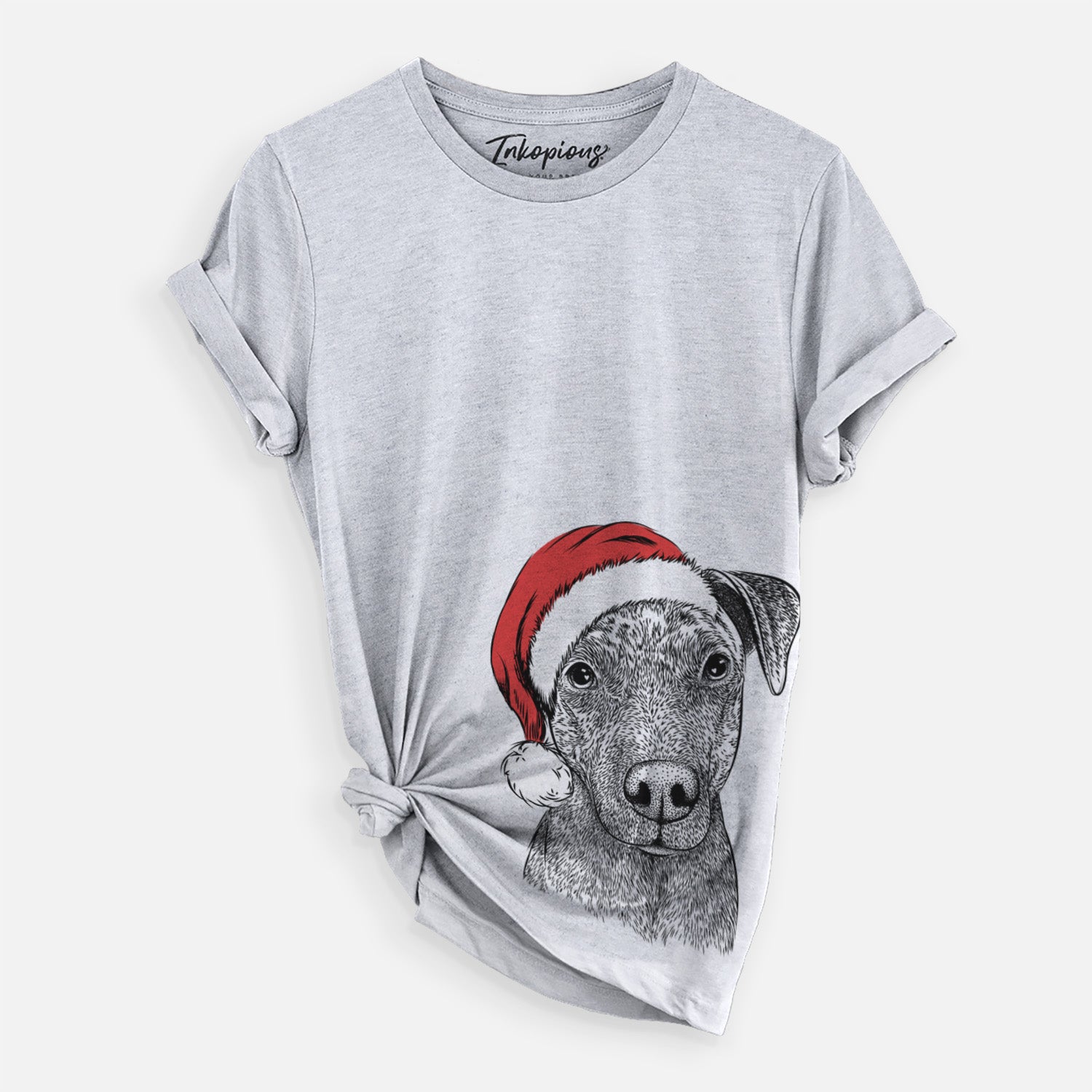Hand-drawn sketch of Reeses the Pitbull wearing a Santa hat on a Grey Unisex crewneck, worn by a woman