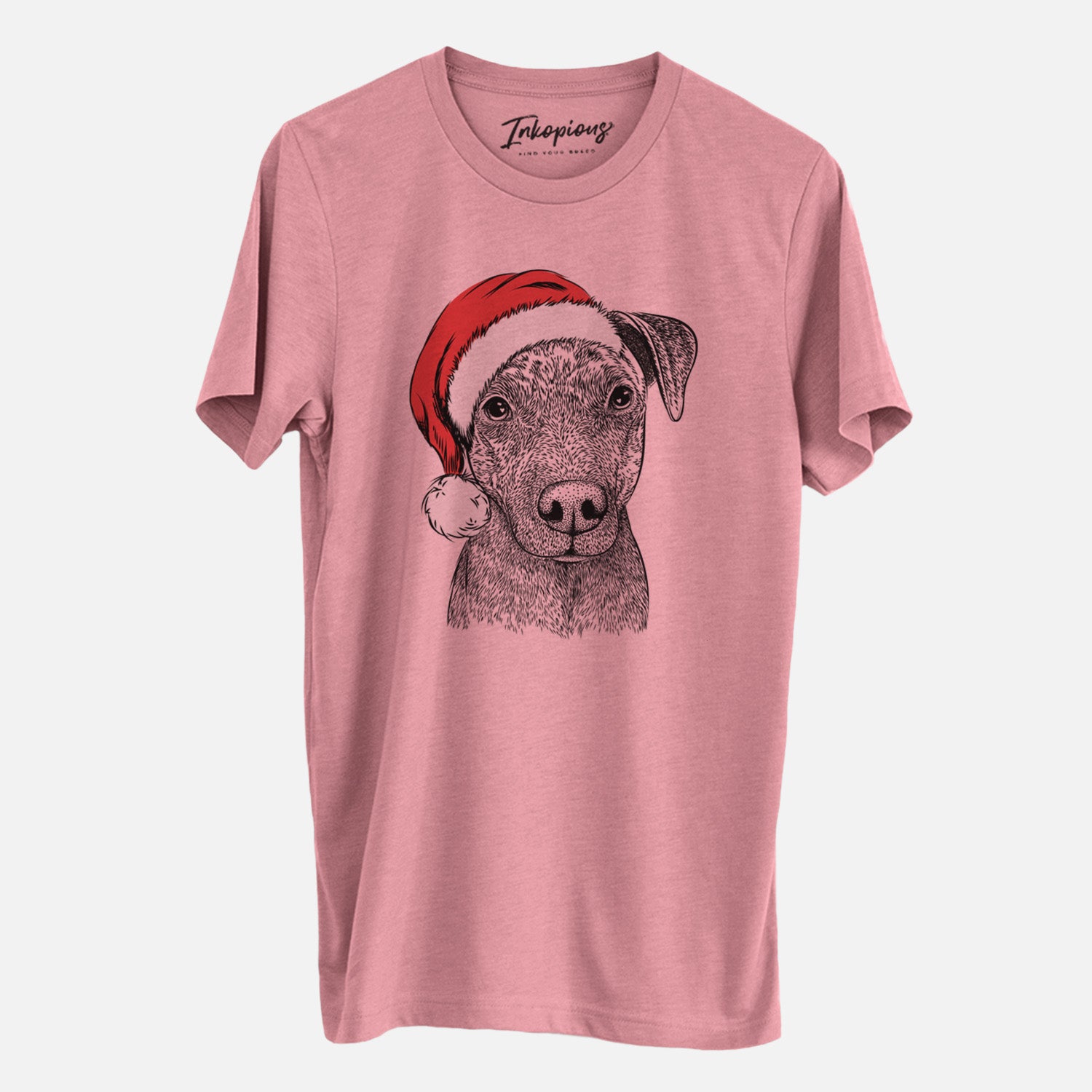 Hand-drawn sketch of Reeses the Pitbull wearing a Santa hat on a Mauve Unisex crewneck, worn by a man