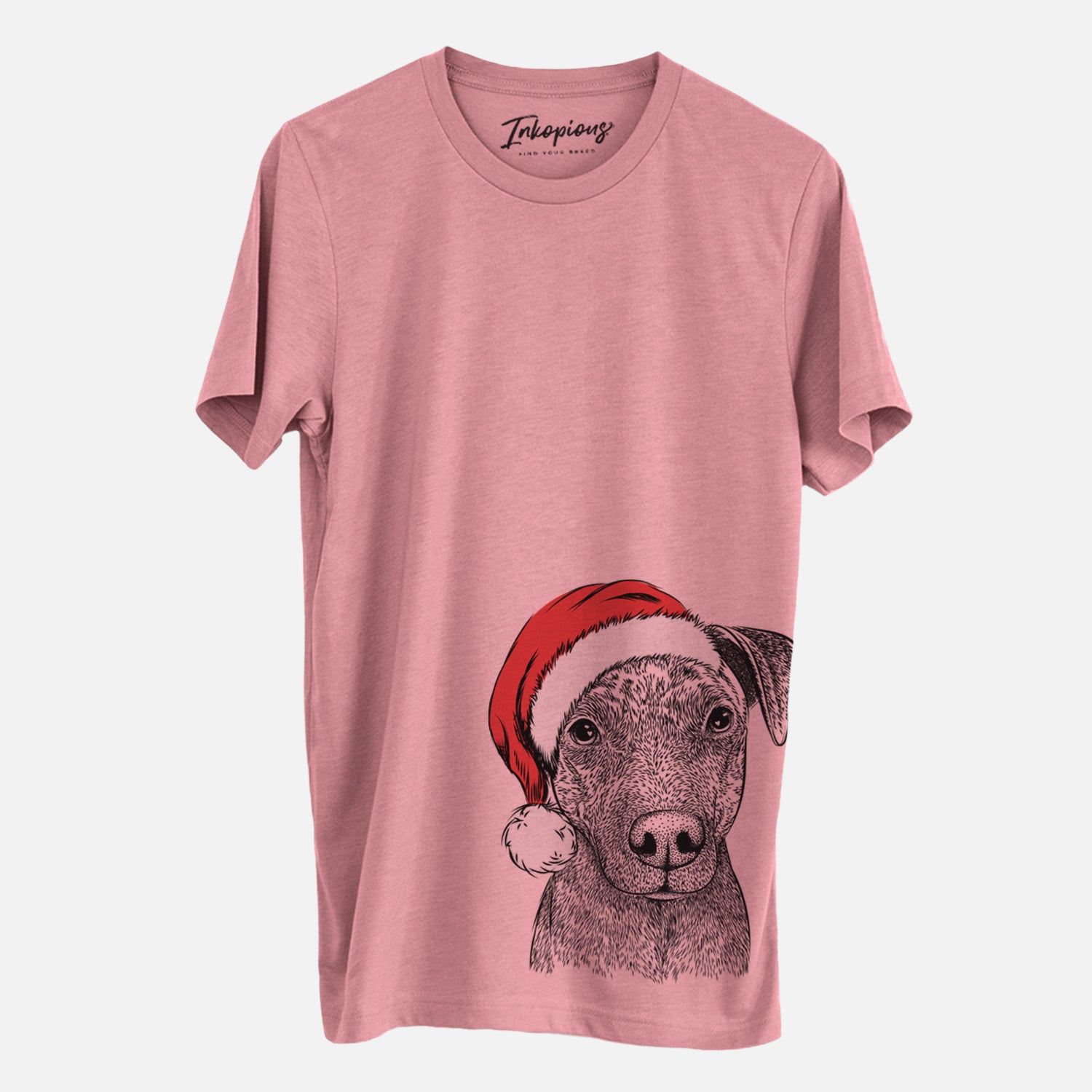 Hand-drawn sketch of Reeses the Pitbull wearing a Santa hat on a Mauve Unisex crewneck, worn by a man