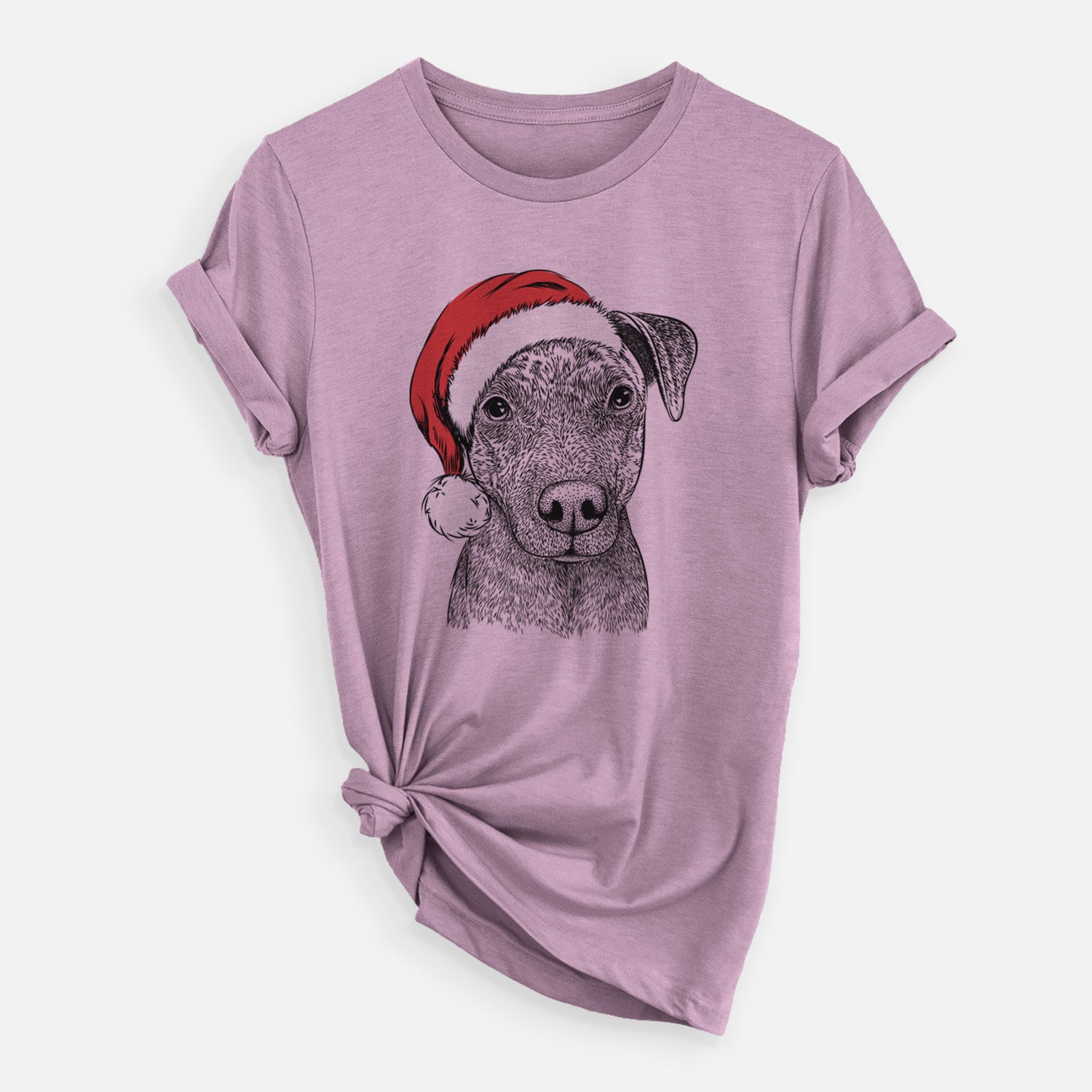 Hand-drawn sketch of Reeses the Pitbull wearing a Santa hat on an Orchid Unisex crewneck, worn by a woman
