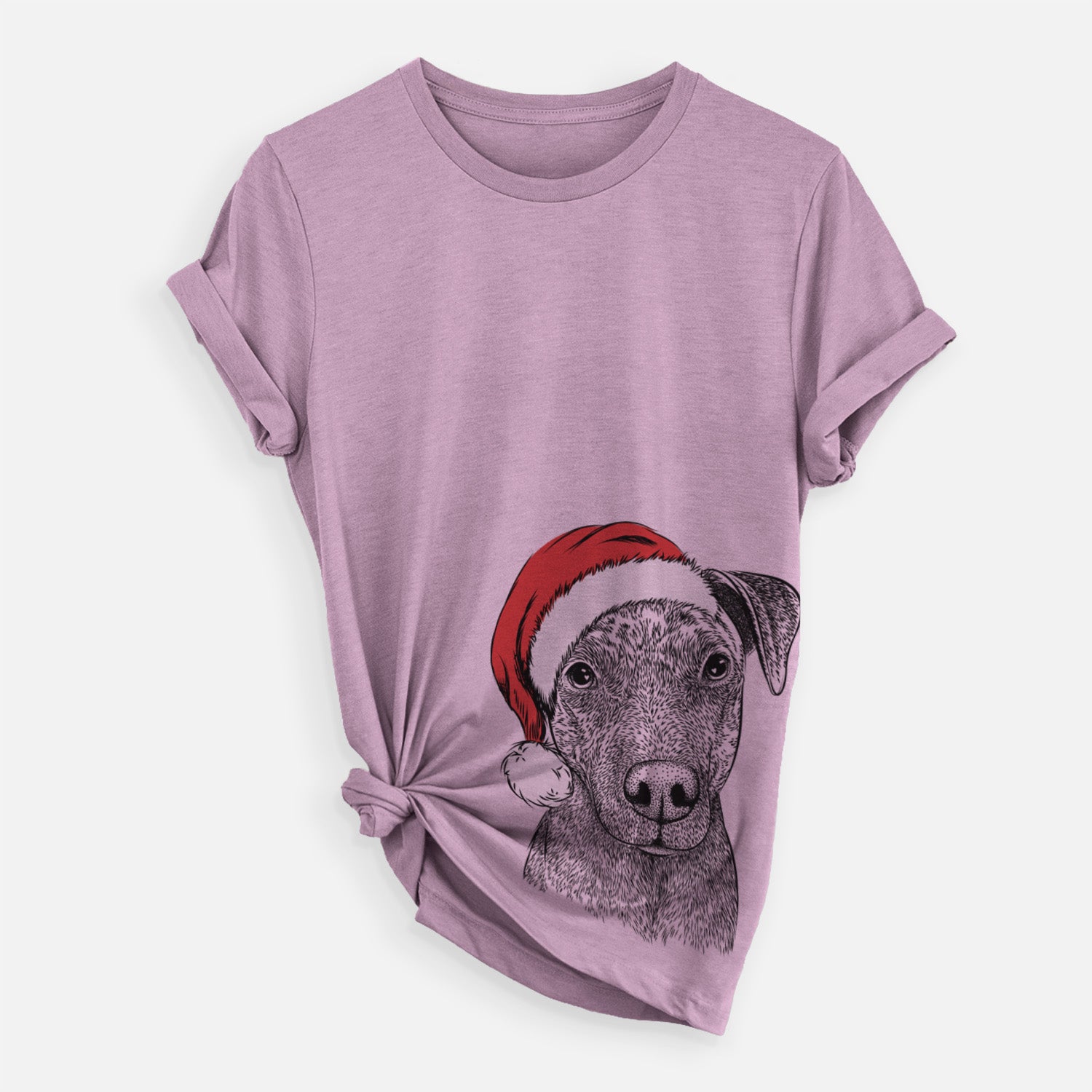 Hand-drawn sketch of Reeses the Pitbull wearing a Santa hat on an Orchid Unisex crewneck, worn by a woman