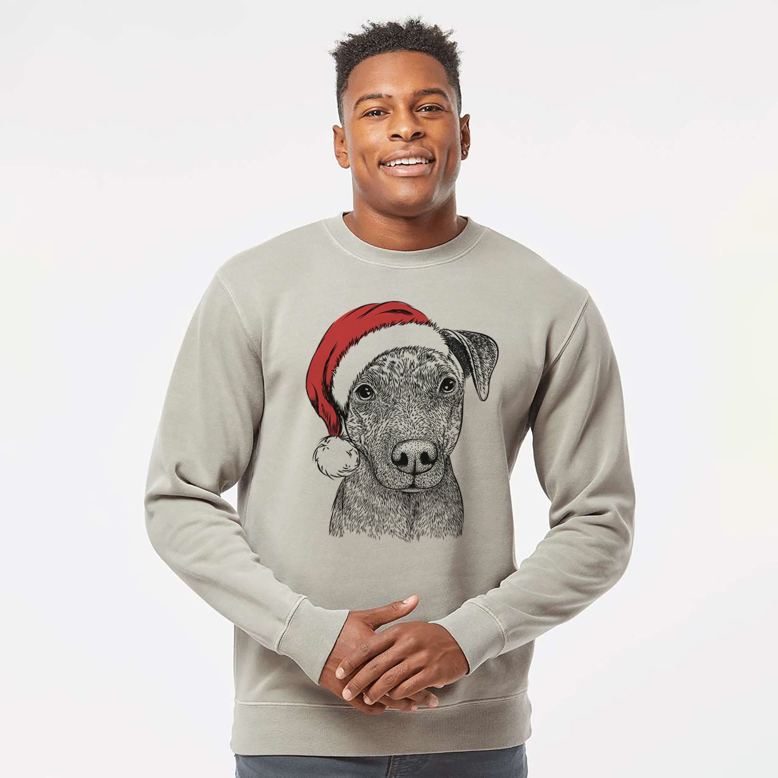 Hand-drawn sketch of Reeses the Pitbull wearing a Santa hat on a Cement Unisex pigment dyed crew sweatshirt