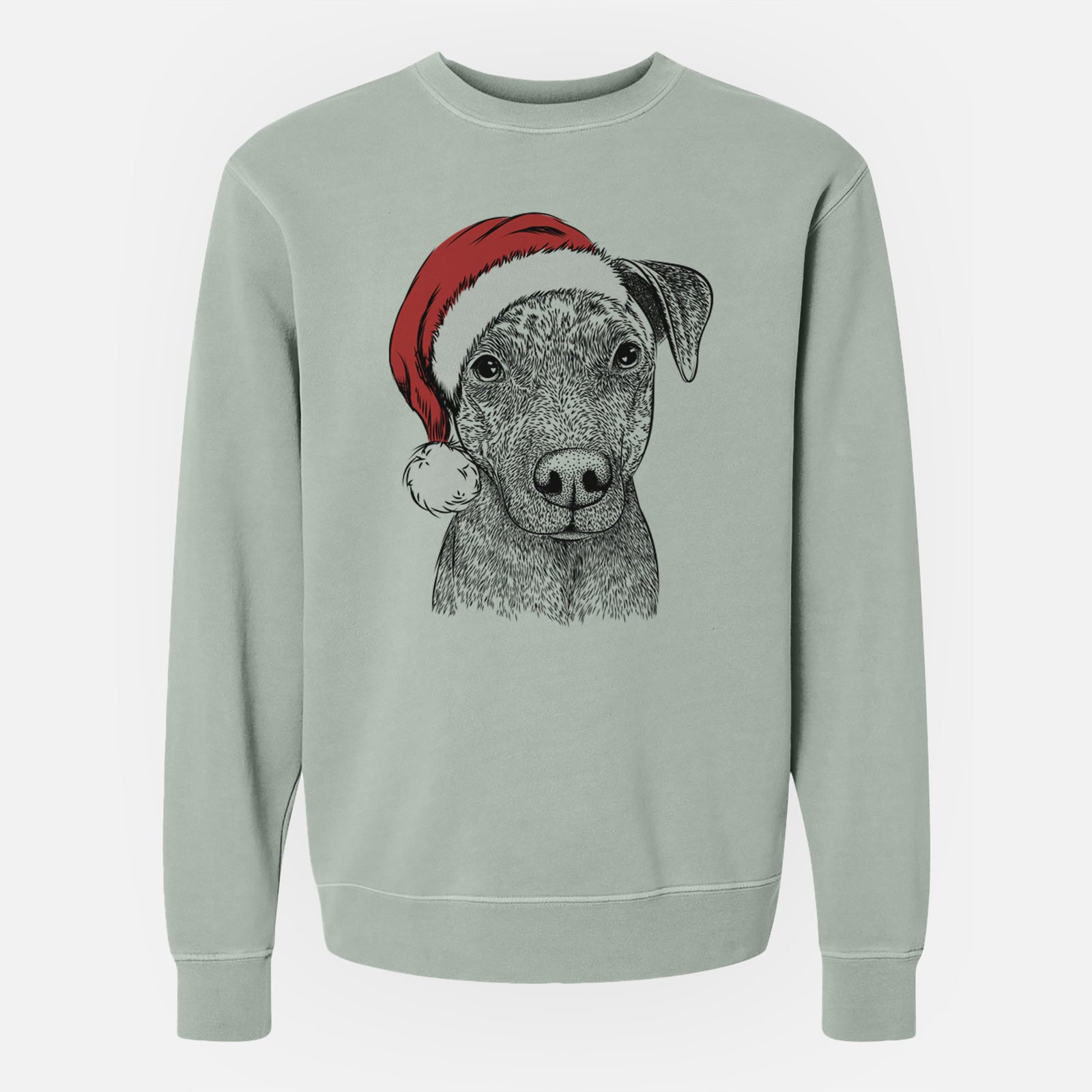 Hand-drawn sketch of Reeses the Pitbull wearing a Santa hat on a Sage Unisex pigment dyed crew sweatshirt